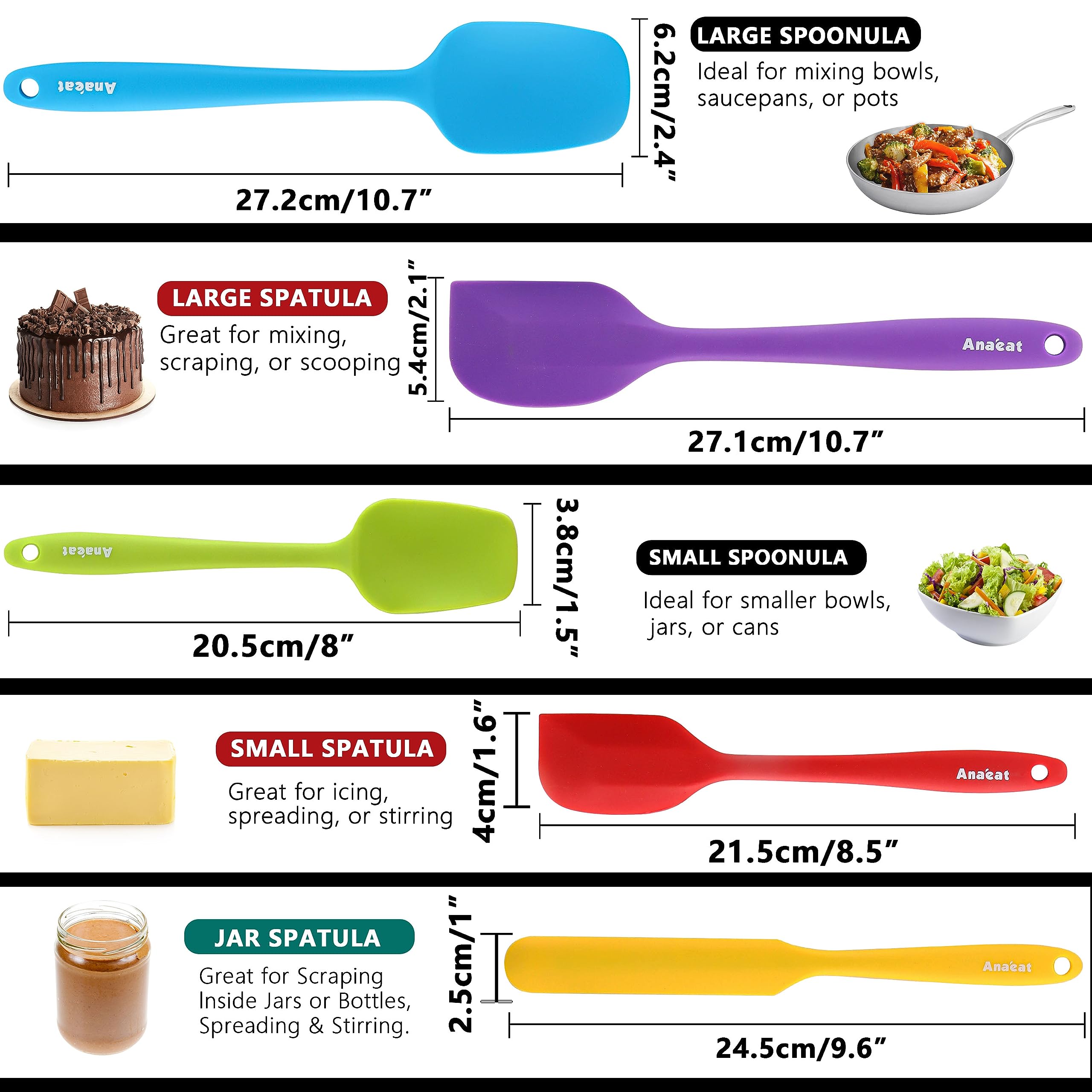 Anaeat Juego de 5 espátulas de silicona, diseño de una sola pieza sin costuras, espátulas de goma antiadherentes, sin BPA, raspador de cocina flexible para hornear, cocinar, raspar y mezclar