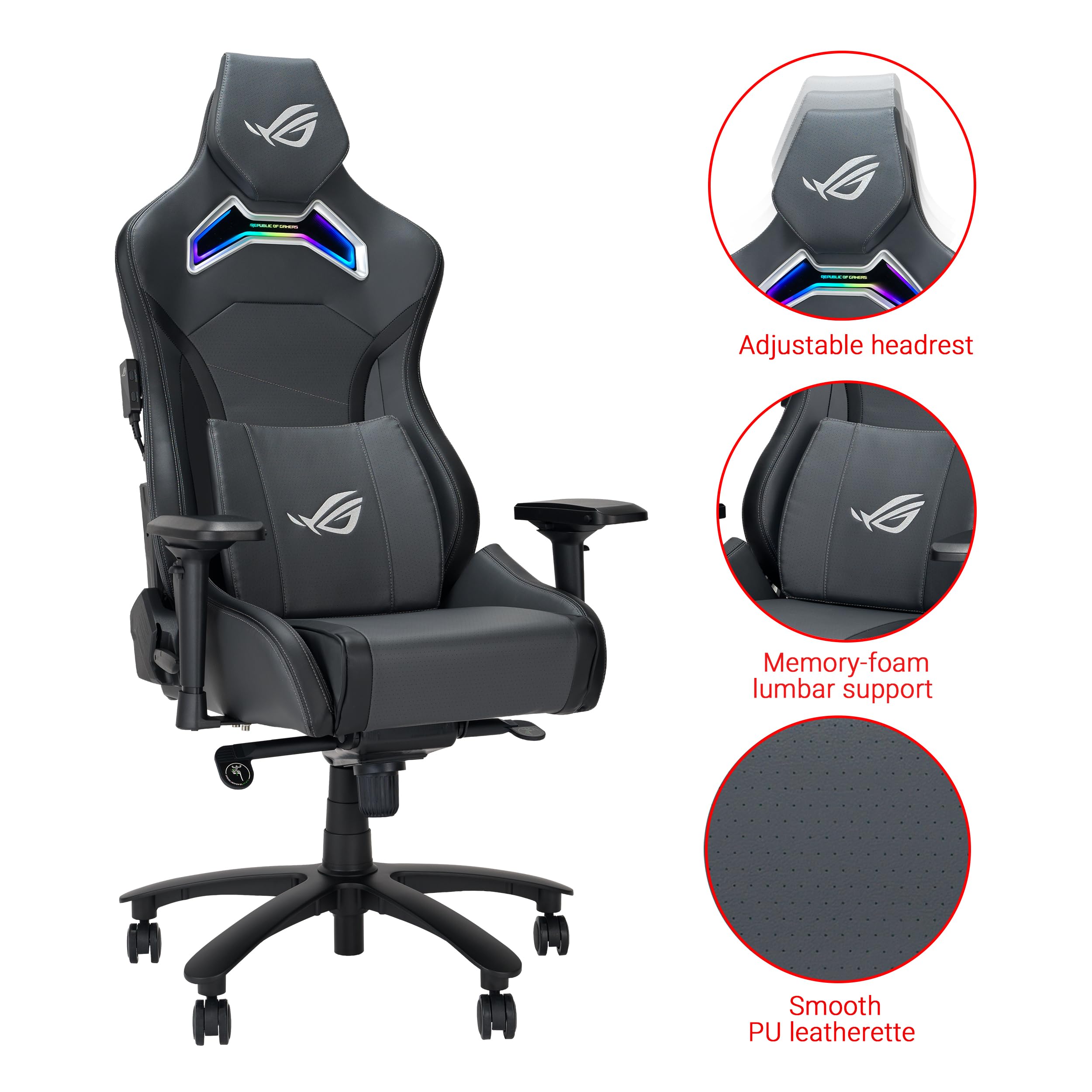 ASUS ROG CHARIOT X, Sedia Gaming Ergonomica, Supporto Lombare, Grigia | Braccioli Regolabili, Poggiatesta Imbottito, Illuminazione Aura RGB e Controller One-Touch, Peso Massimo Supportato 136kg