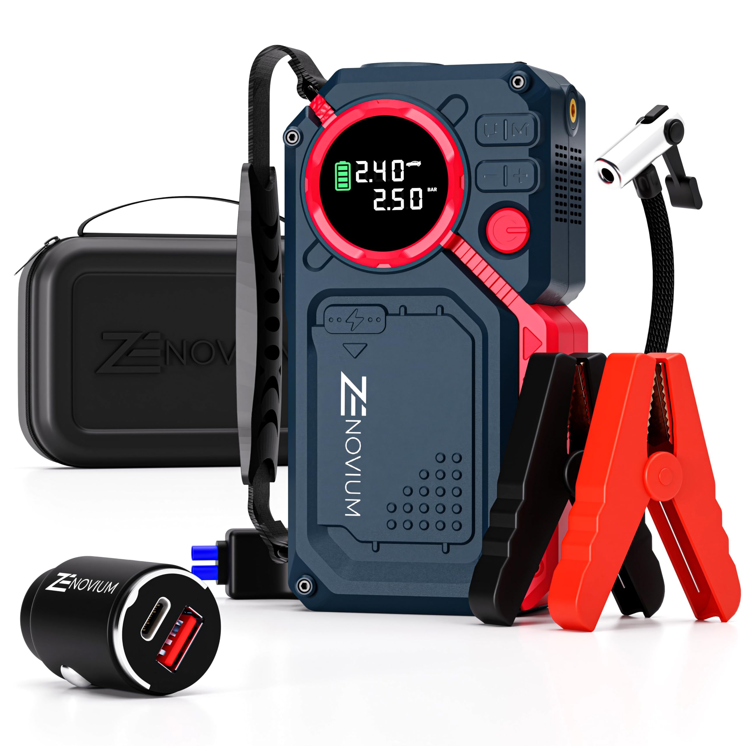 Arrancador de Coches 2500A con Compresor 150 PSI, Booster de Batería 12V, Jump Starter para Gasolina y Diésel hasta 8L, Power Bank 18000mAh, Luz LED 500 Lúmenes, Carga Rápida USB, Portátil