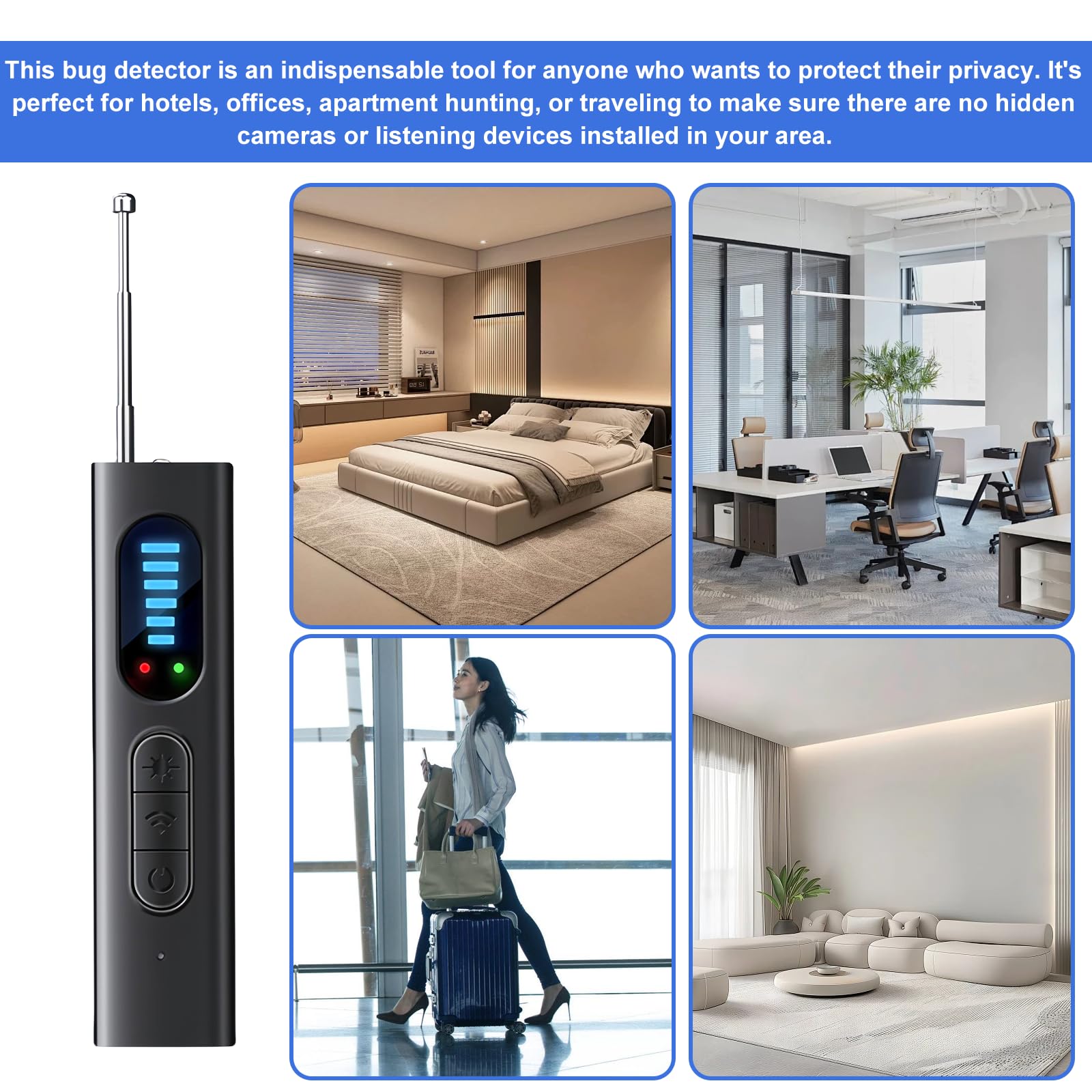 Rilevatore di microspie, rilevatore di telecamere nascoste 5 in 1, con 5 livelli di sensibilità, rilevatore di telecamere nascoste, rilevatore di telecamere spia, per hotel, casa, viaggi