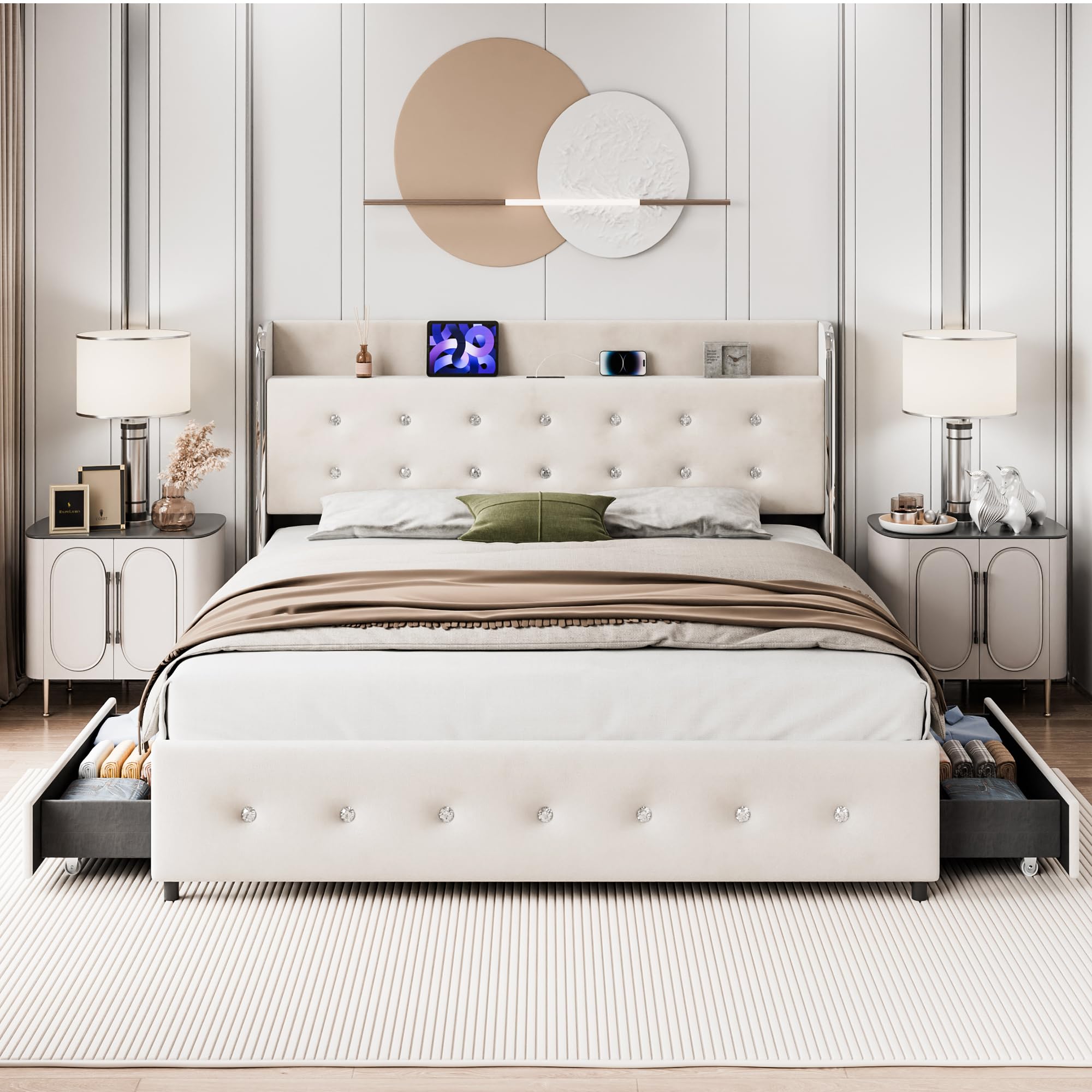 IDEALHOUSE Full Bed Frame with 4 Storage Drawers & Charging Station, Velvet Upholstered Platform Bed Frame with Storage Headboard, No Box Spring Needed, 1000lbs Support | White