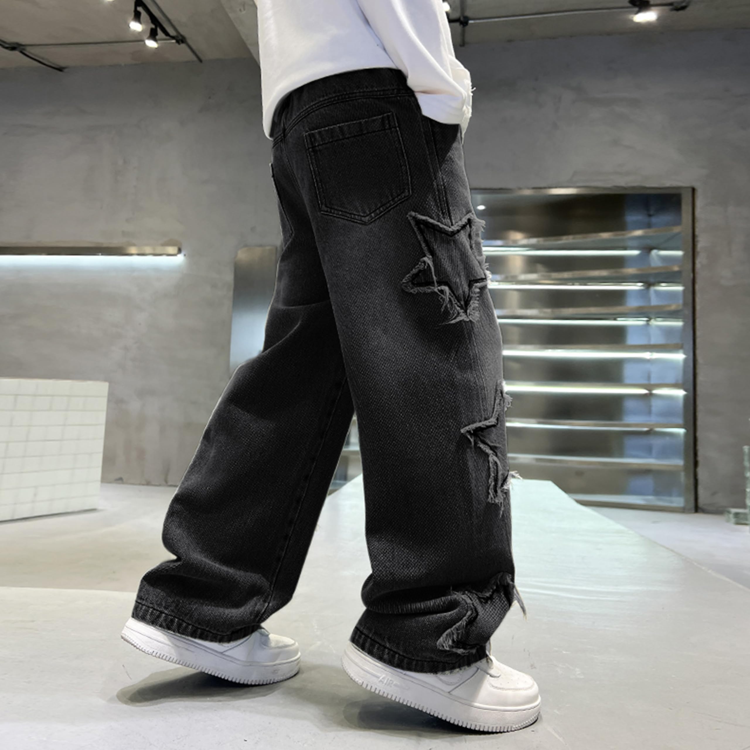 Rolanko Vaqueros Baggy Cargo para Niños Jeans Skater con Cintura Elástica y Multi-Bolsillos Pantalones Denim Vintage Bootleg Streetwear para Niños