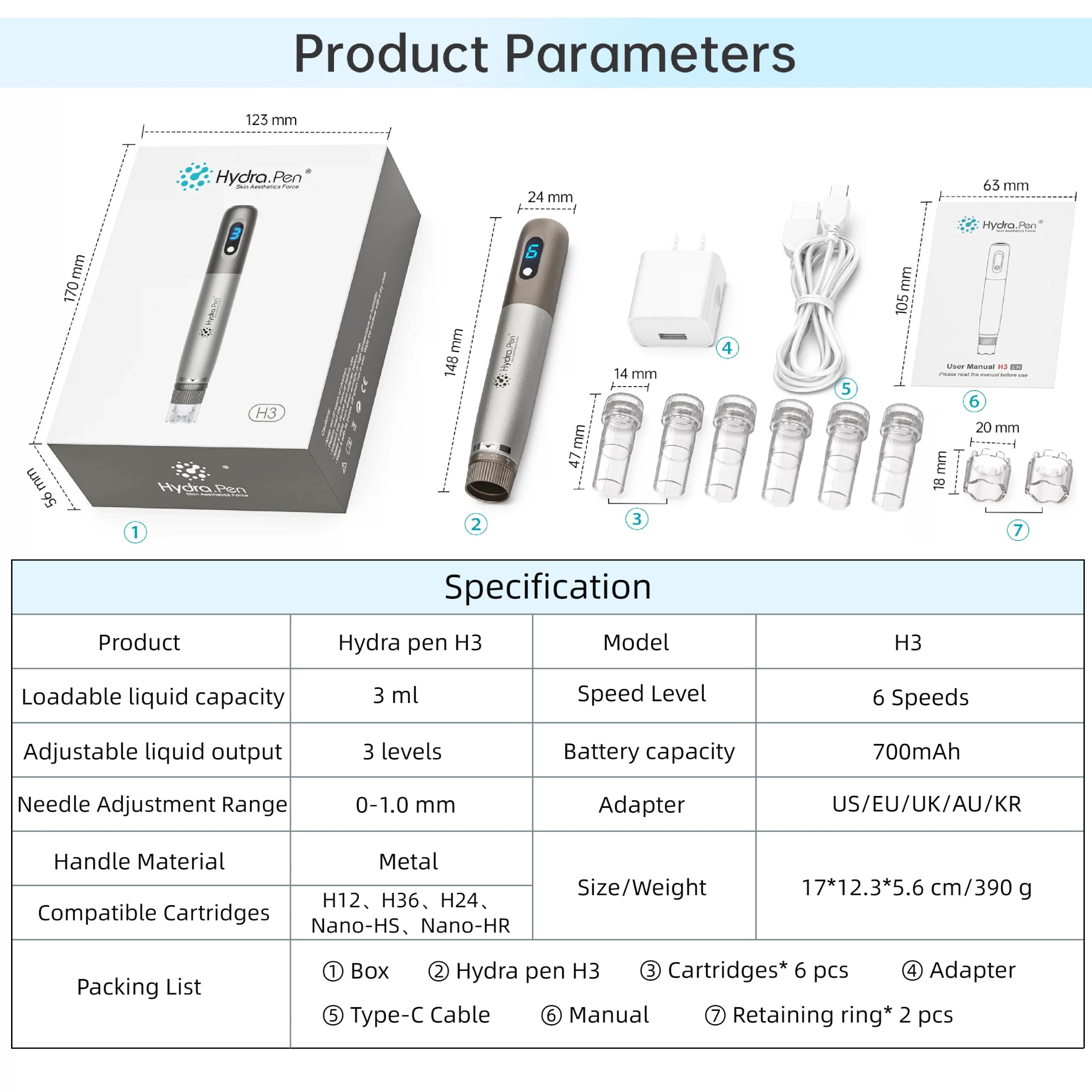 Hydra. Pen H3 Microneedling Pen mit 6 Patronen, 3ml Serum Applikator, 6 Stufen, Typ-C Aufladung, Heim- und Salon Beauty Hautpflegegerät Derma Pen Geschenk für Gesicht Körper Pflege Haar Bart Wachstum