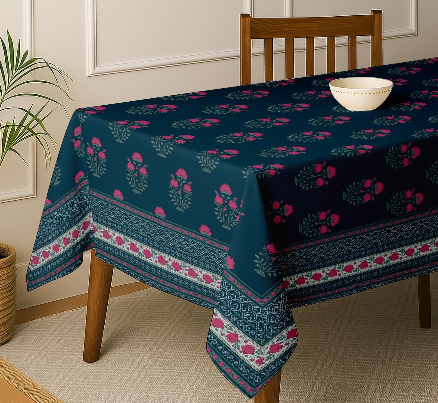 Floral Design Tablecloth- Blue 60x60 Inch Cotton Twill Dining Table Cover, Perfect for 4 Seater Tables, Durable, Protective & Washable, Ideal for Everyday Use, Festive Occasions & Gatherings