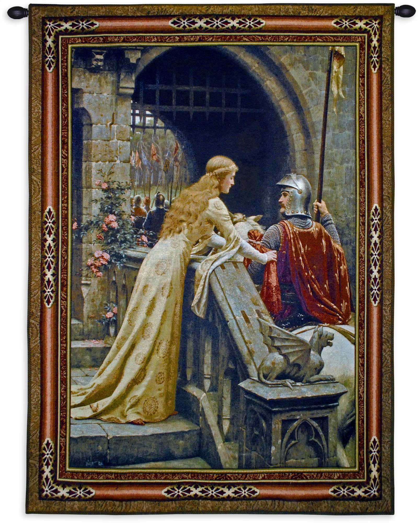 Godspeed Edmund Blair Leighton | Woven Tapestry Wall Art Hanging | Medieval Lady with Arthurian Knight | 100% Cotton USA Size 40x31