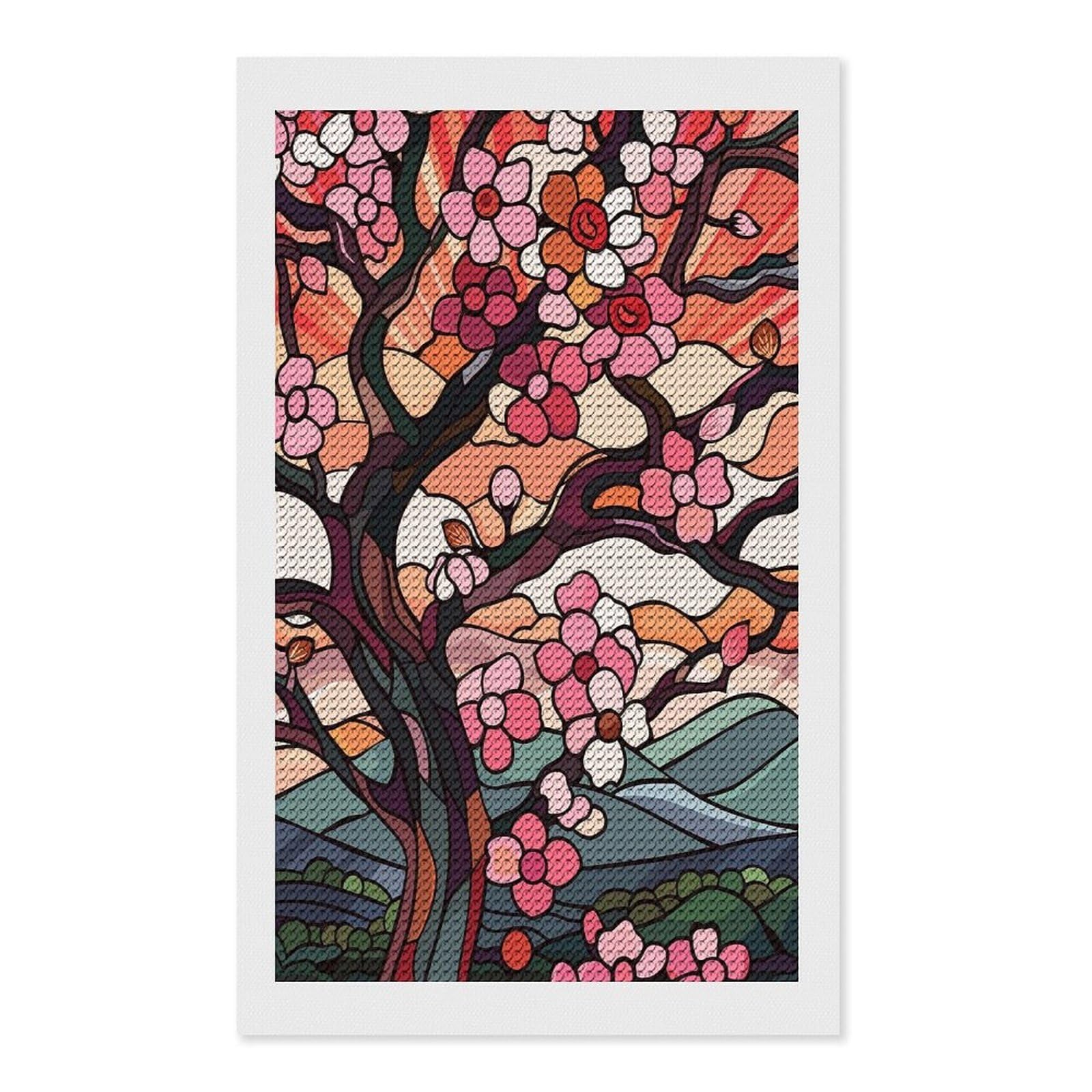 Junmoney Stained Glass Cherry Blossoms at Sunset Diamond Painting Canvas Set 12"x20", for Adults, Sparkling Round Gems, Thoughtful Handmade Gift, Modern Decor