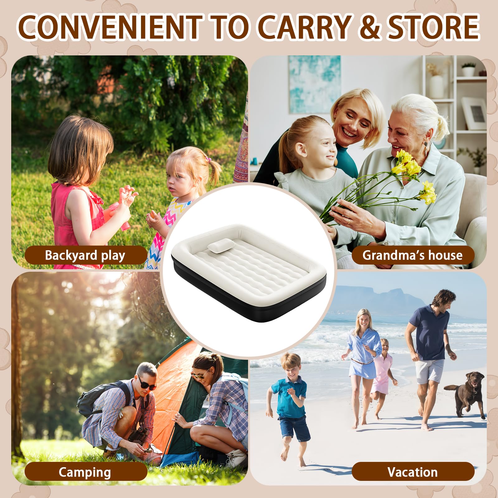 Lettino da viaggio gonfiabile per bambini – Materasso ad aria portatile da 163 cm con quattro lati di sicurezza, pompa rapida e borsa per il trasporto – comodo e facile da gonfiare e sgonfiare – nero