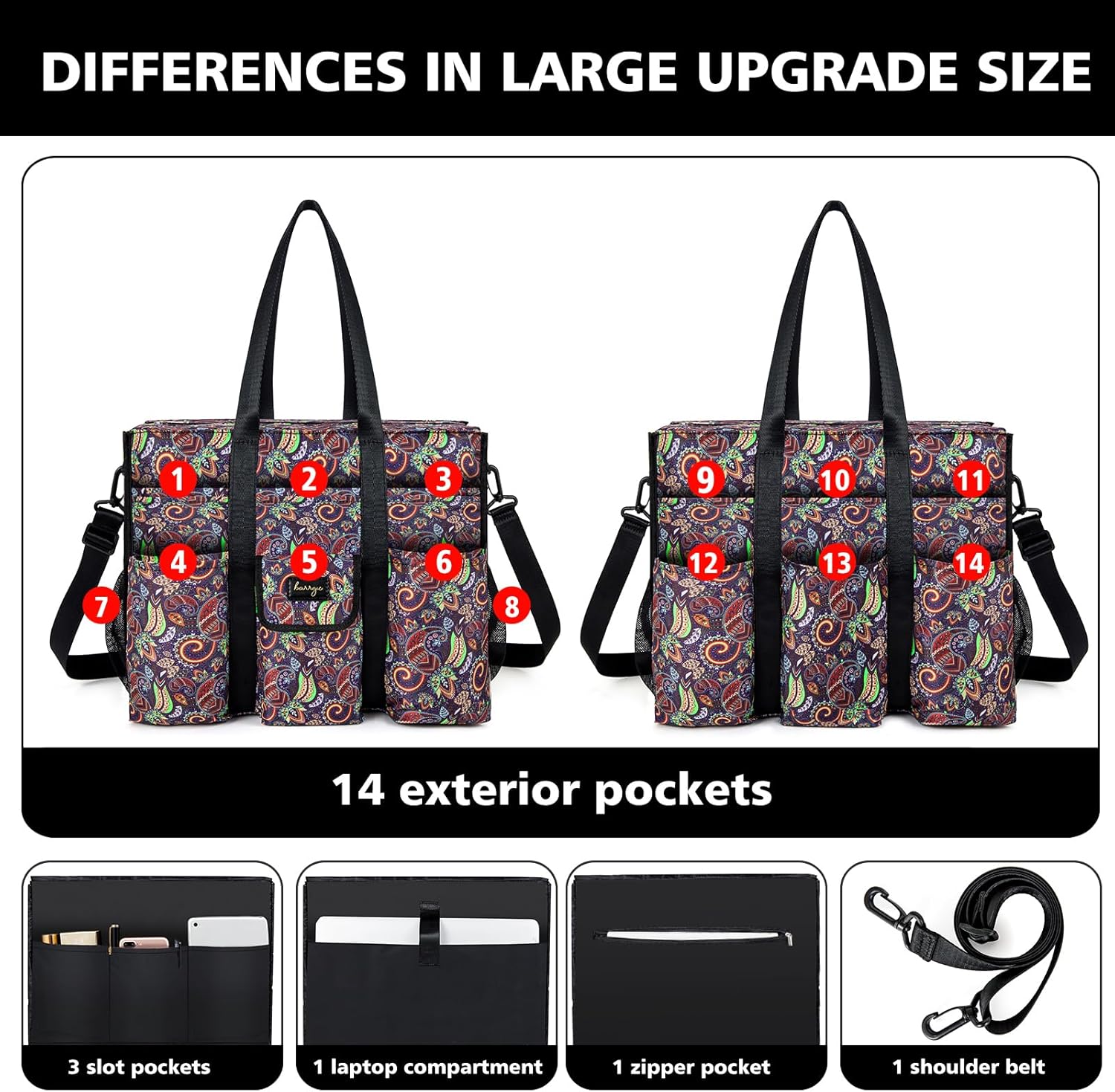 Utility Tote - Water Resistant with 19 Exterior/Interior Pockets - Large Women/Teacher/Work Bag - Image 6