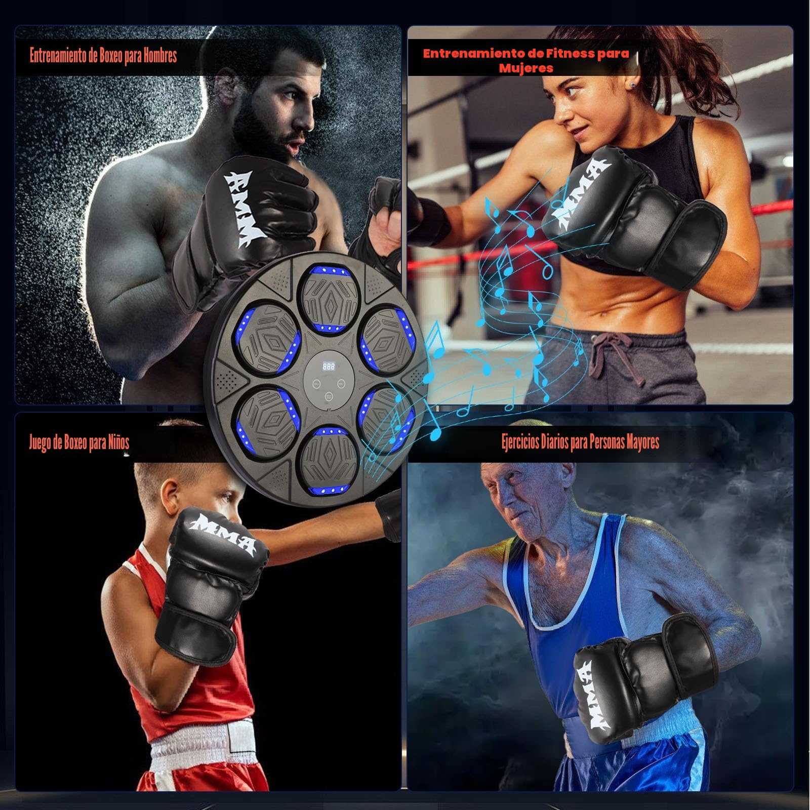 Máquina de Boxeo con Música, Máquina de Boxeo de Montaje en Pared, Entrenador de Boxeo Inteligente Bluetooth con Luz LED, 7 Modos de Velocidad, Guantes de Boxeo para Adultos y Niños para