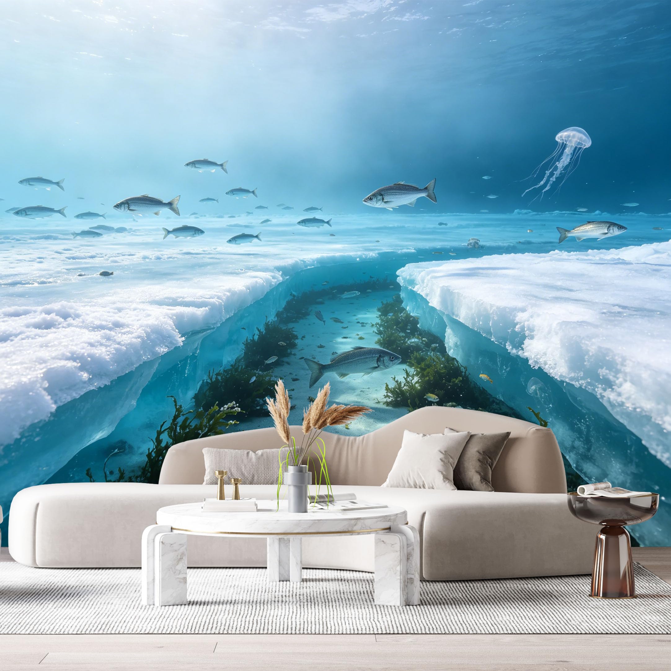 Custom Size Wall Murals Underwater Marine Ocean View 3D Iceberg Floating Fish Jellyfish SelfAdhesiveWall Fabric Removable Wallpaper Wall Decor for Living Room Bedroom Bathroom