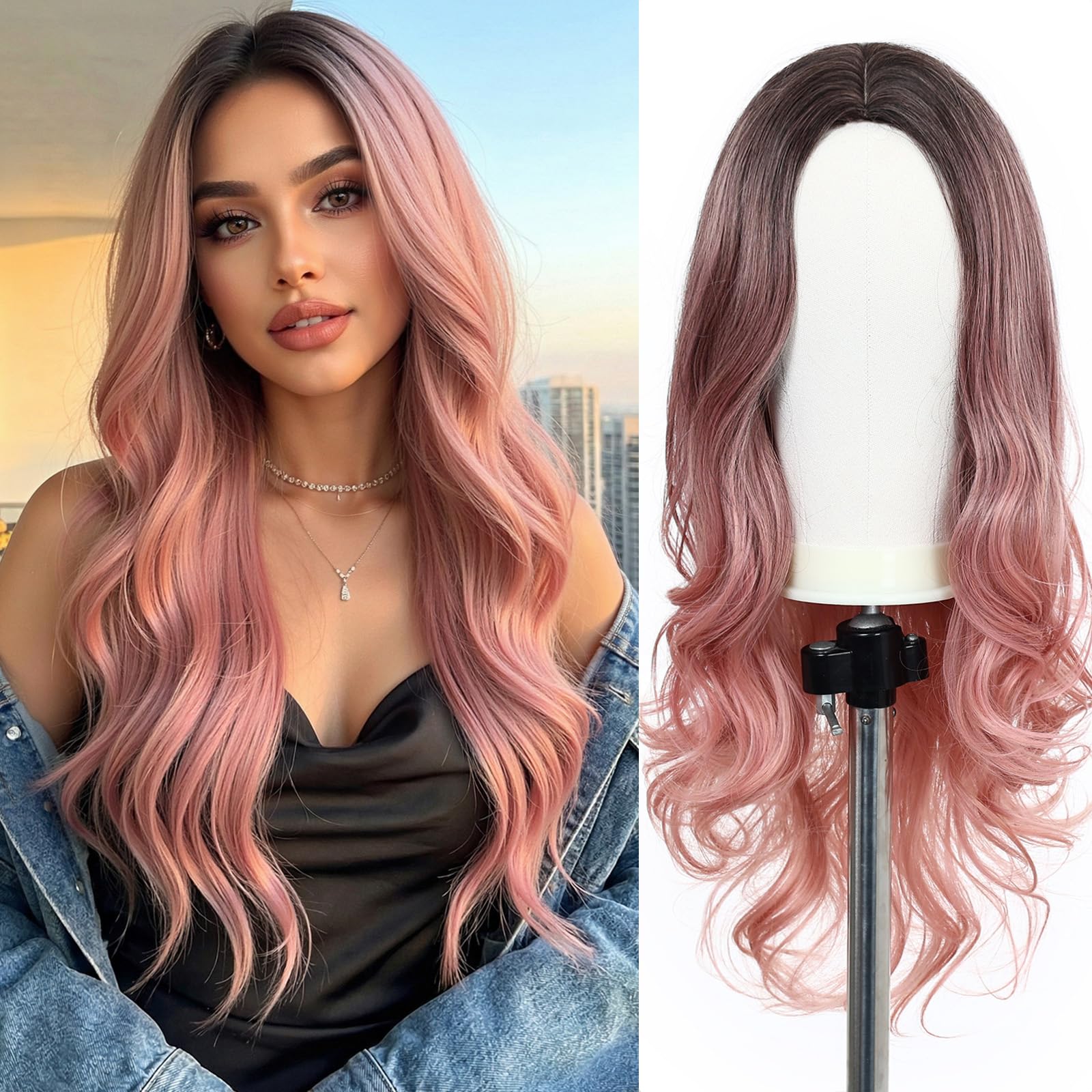 Esmee Synthetic Wigs Ombre Pink Long Wavy Hair Wigs for Women Heat Resistant Fiber Middle Part Cosplay Wigs 24inch