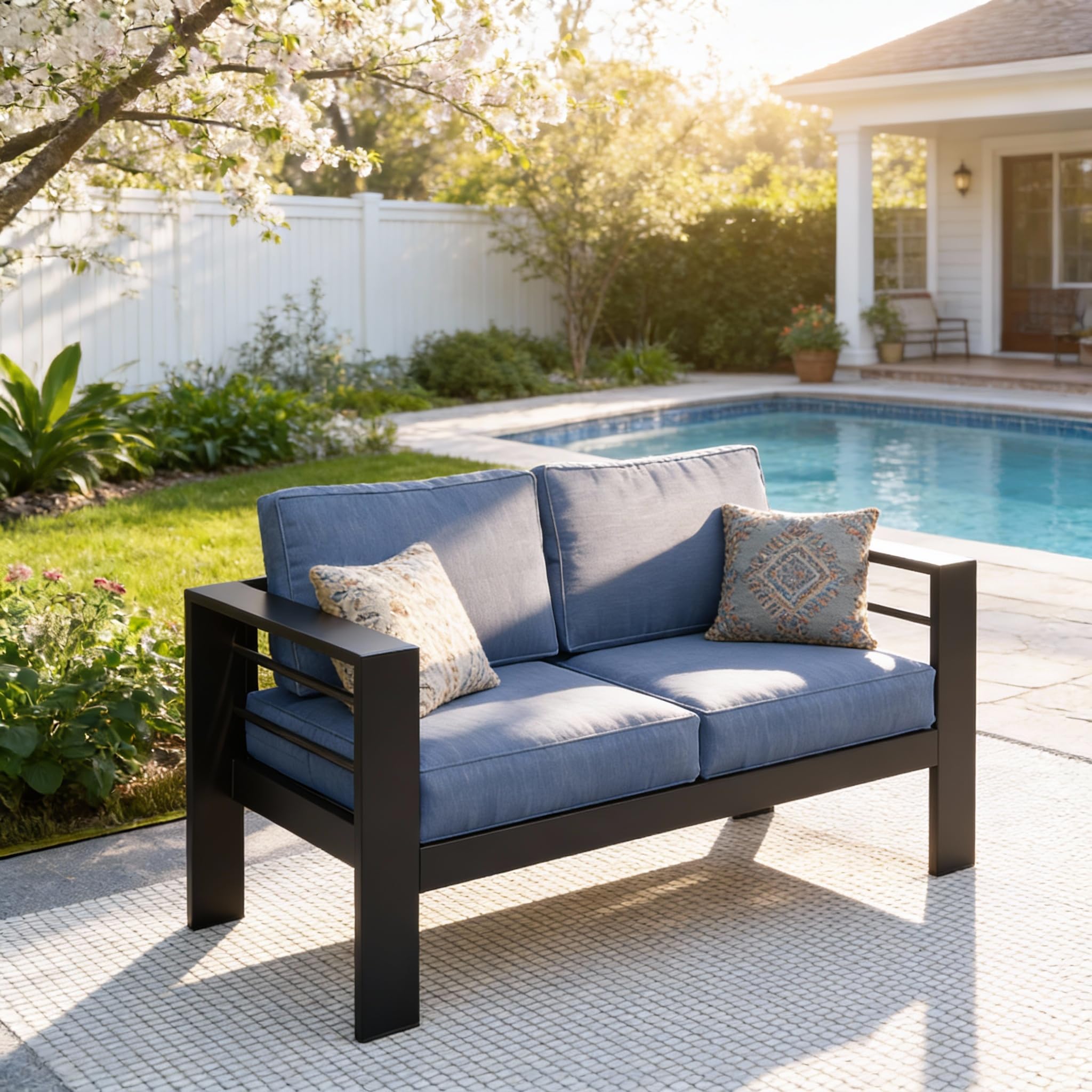 Kiss the Water Outdoor Patio Furniture Loveseat Sofa, All-Weather Metal Aluminum Patio Couch with 5" Thick and Soft Cushion and Wide Arm, Outdoor