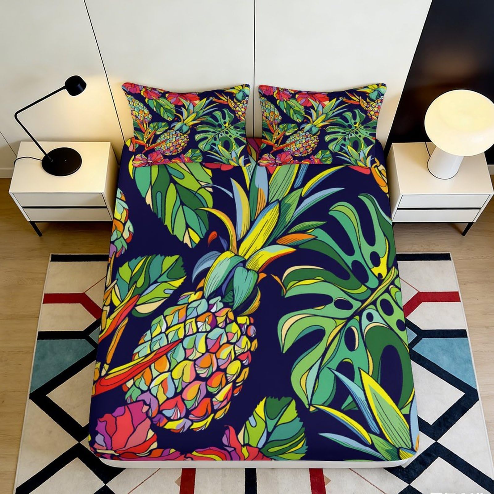 3D Printed Tropical Pineapple Fitted Sheet Microfiber Soft Breathable Jungle Leaves Bed Cover for Bedroom Dormitory Guest Room Mattress Protection Decor 90x200x25cm