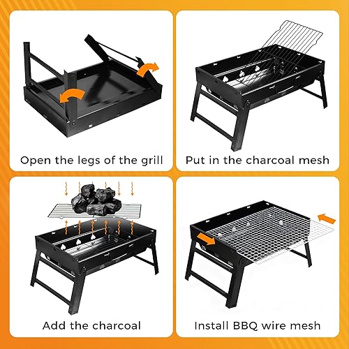 Miniatura 5 de Parrilla de carbón portátil de 17 pulgadas, parrillas de carbón plegables portátiles para barbacoa, mini ahumador de mesa, parrilla de barbacoa