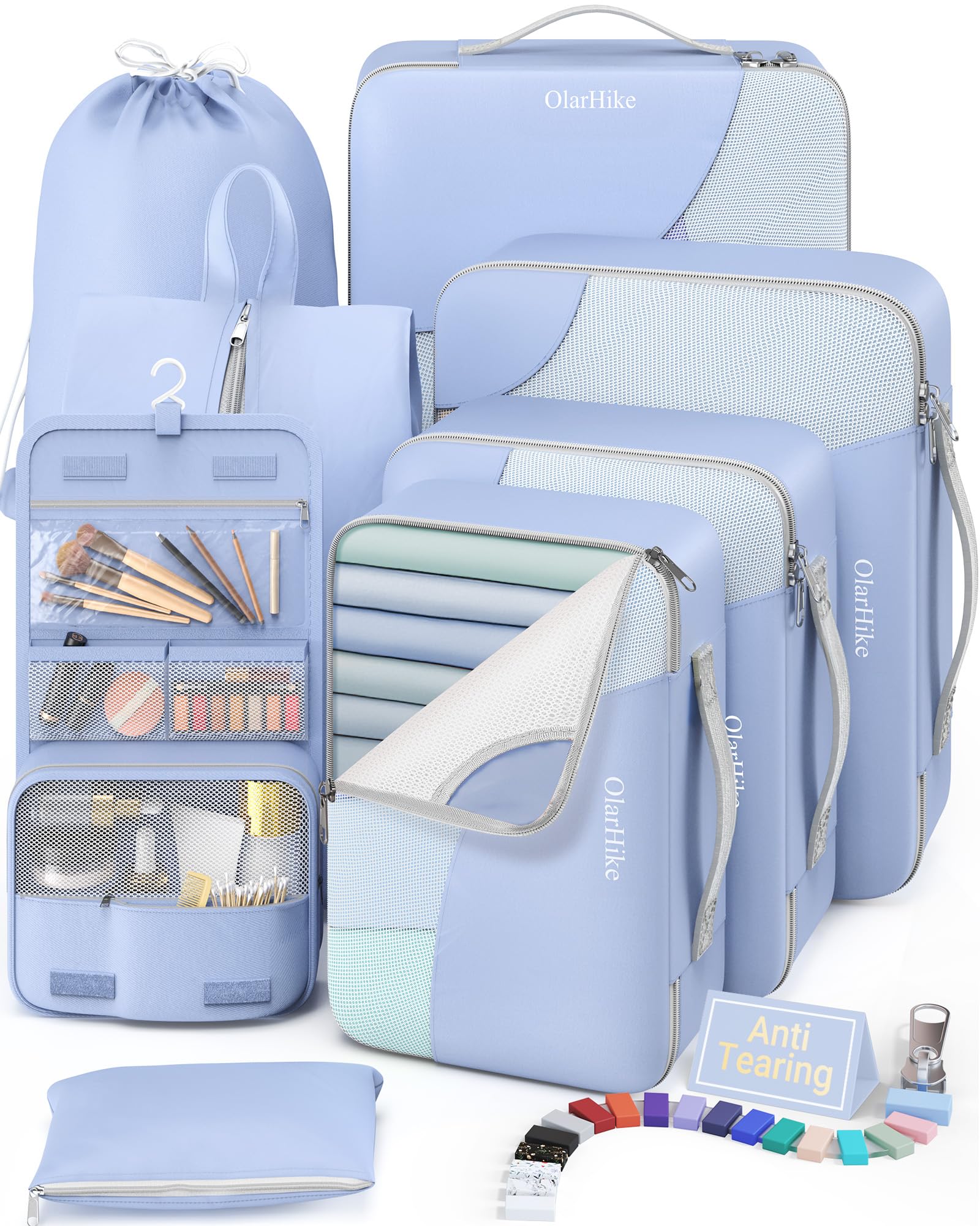 8 Set Compression Packing Cubes Garment Bags for Travel, Gifts for Women Mom,Anti-Tearing Suitcase Organizer for Luggage with Shoe &amp; Hanging Toiletry Bag,OlarHike Vacation Essentials,Blue
