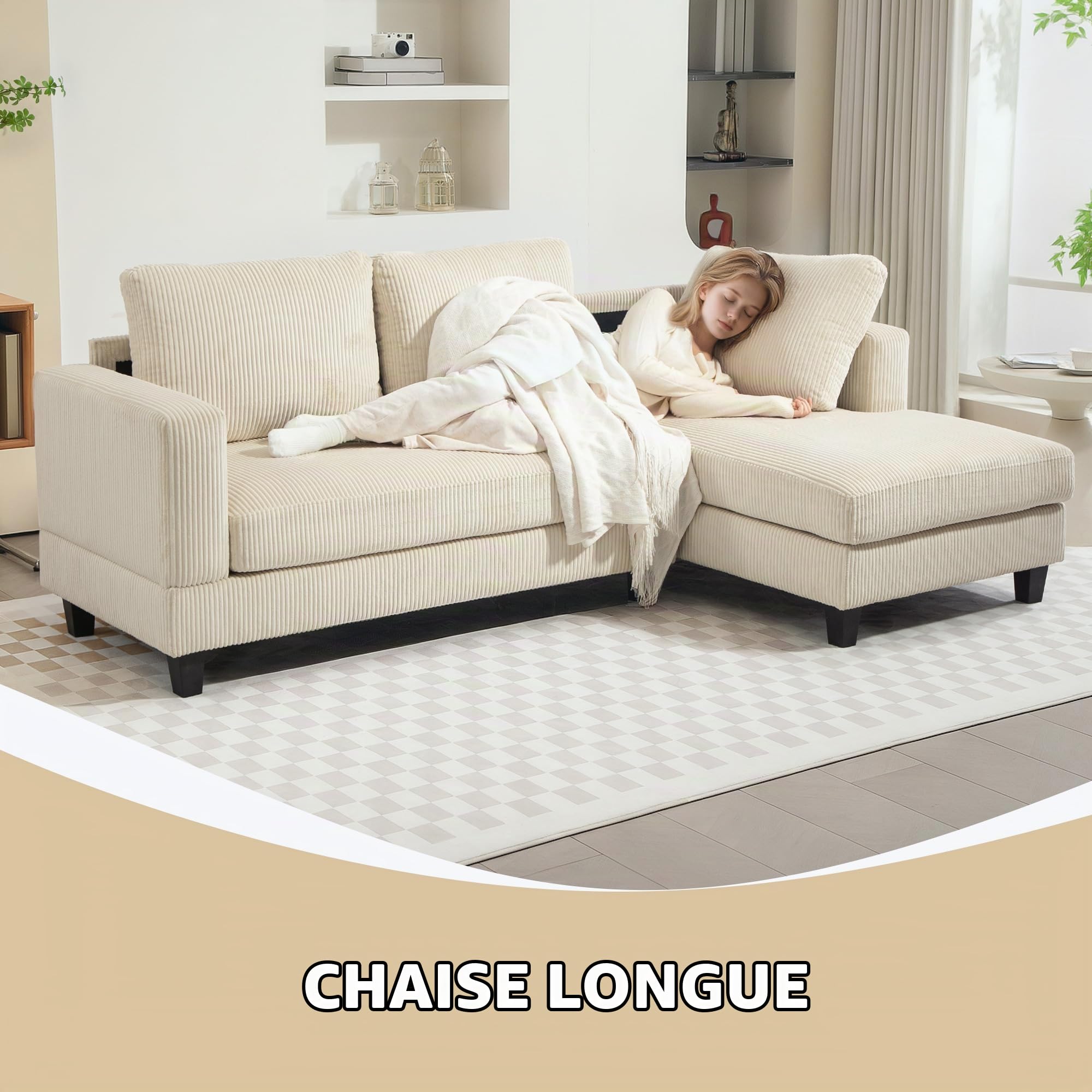 HOMCOM Divano Angolare con Chaise Longue 3 Posti Beige