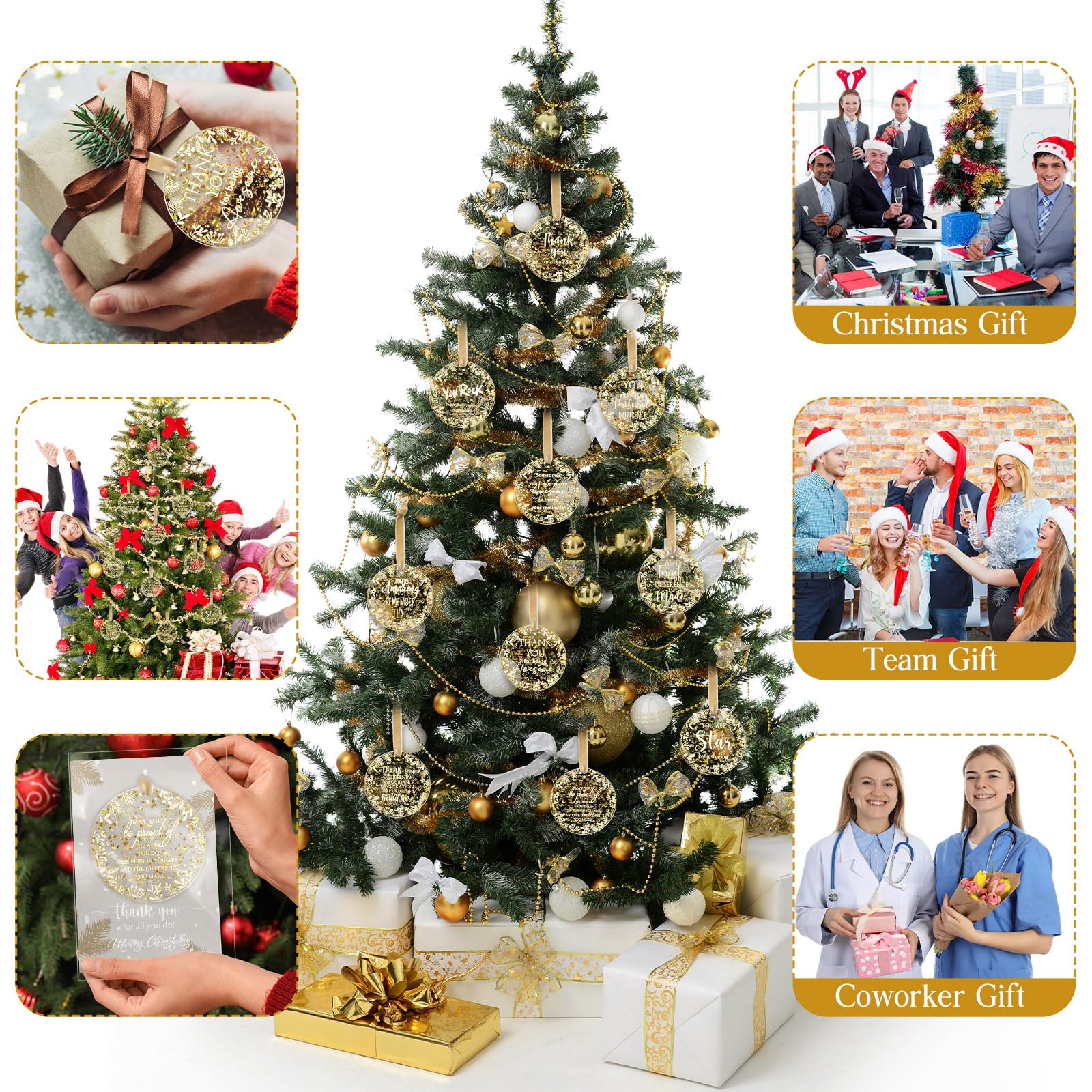 Kasyat Lot de 50 décorations de Noël à suspendre en acrylique doré - Cadeaux de remerciement pour employés, employés - Ornements de sapin de Noël avec cartes - Ornements de remerciement pour équipe,