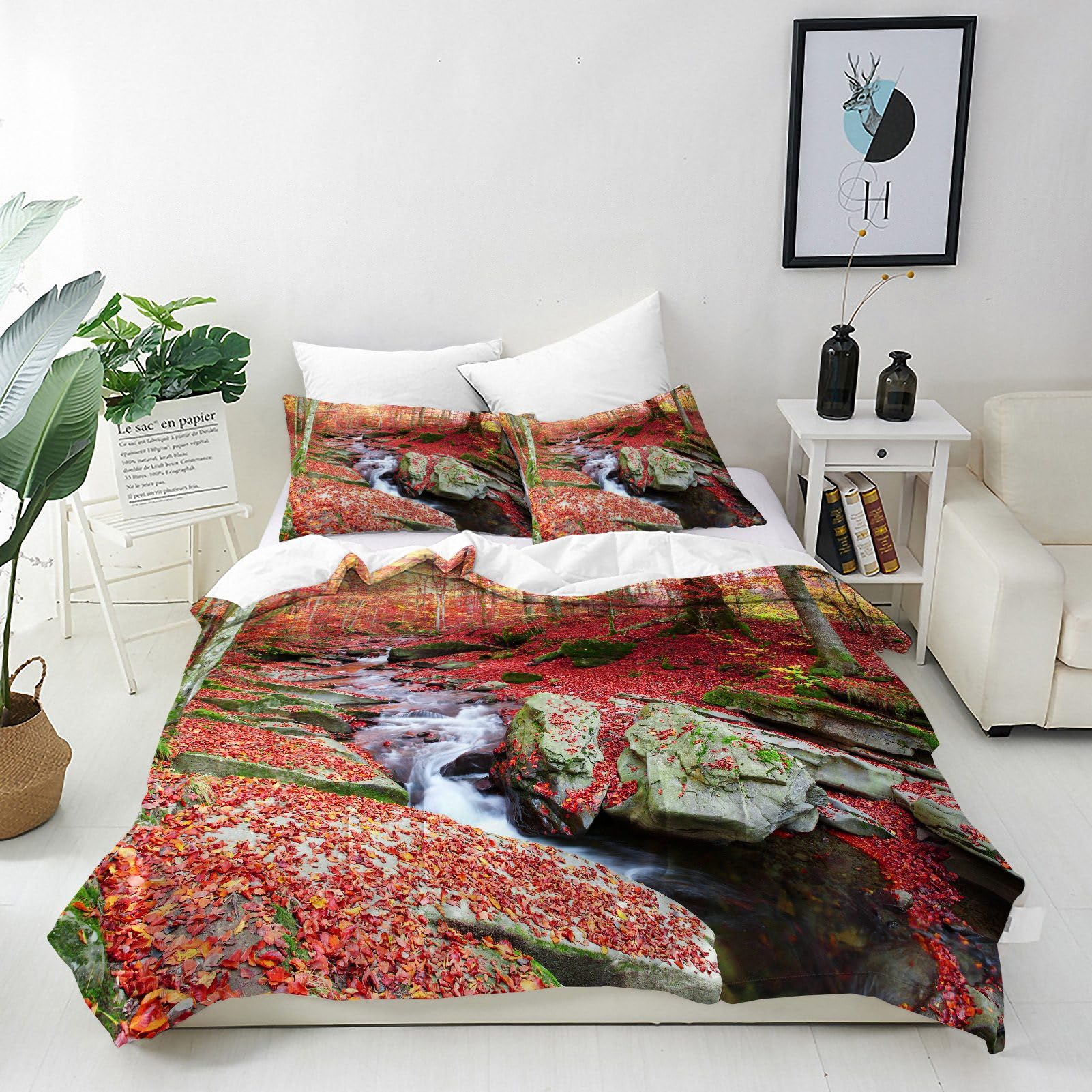 ANHOPE Autumn Forest Duvet Cover Set 3 Piece Bedding Set with 2 Pillowcases Fall Nature Red Leaf Tree Creek 3D Printed Pattern Soft Breathable Microfibre Quilt Cover with Zipper Closure Super King