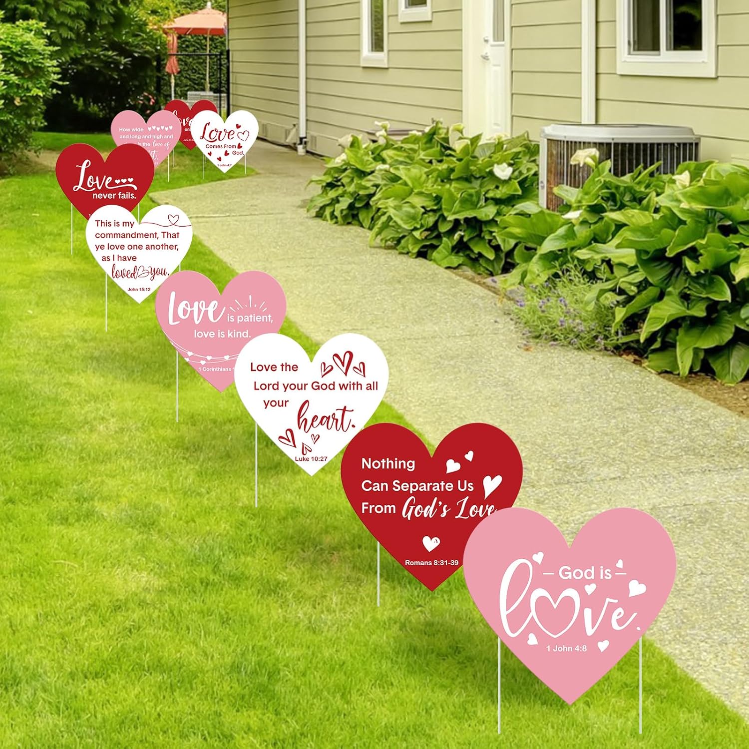 Beeveer 9 Pcs Christian Valentine's Day Yard Sign for Outdoor Decorations Jesus Bible Verse Hearts Lawn Decor with Stakes Heart Decoration for Wedding Shower Supplies Garden Pathway Walkway Love Decor