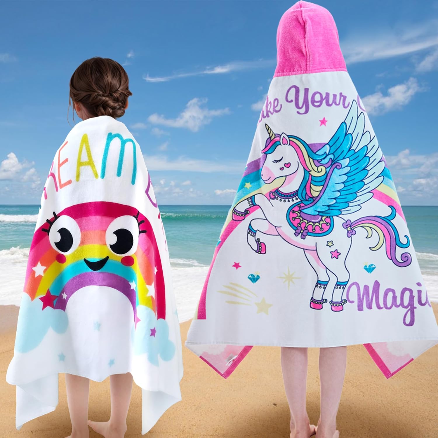 VOOVA & MOVAS Beach Towels for Kids Girls,Rainbow Unicorn,3-10Years