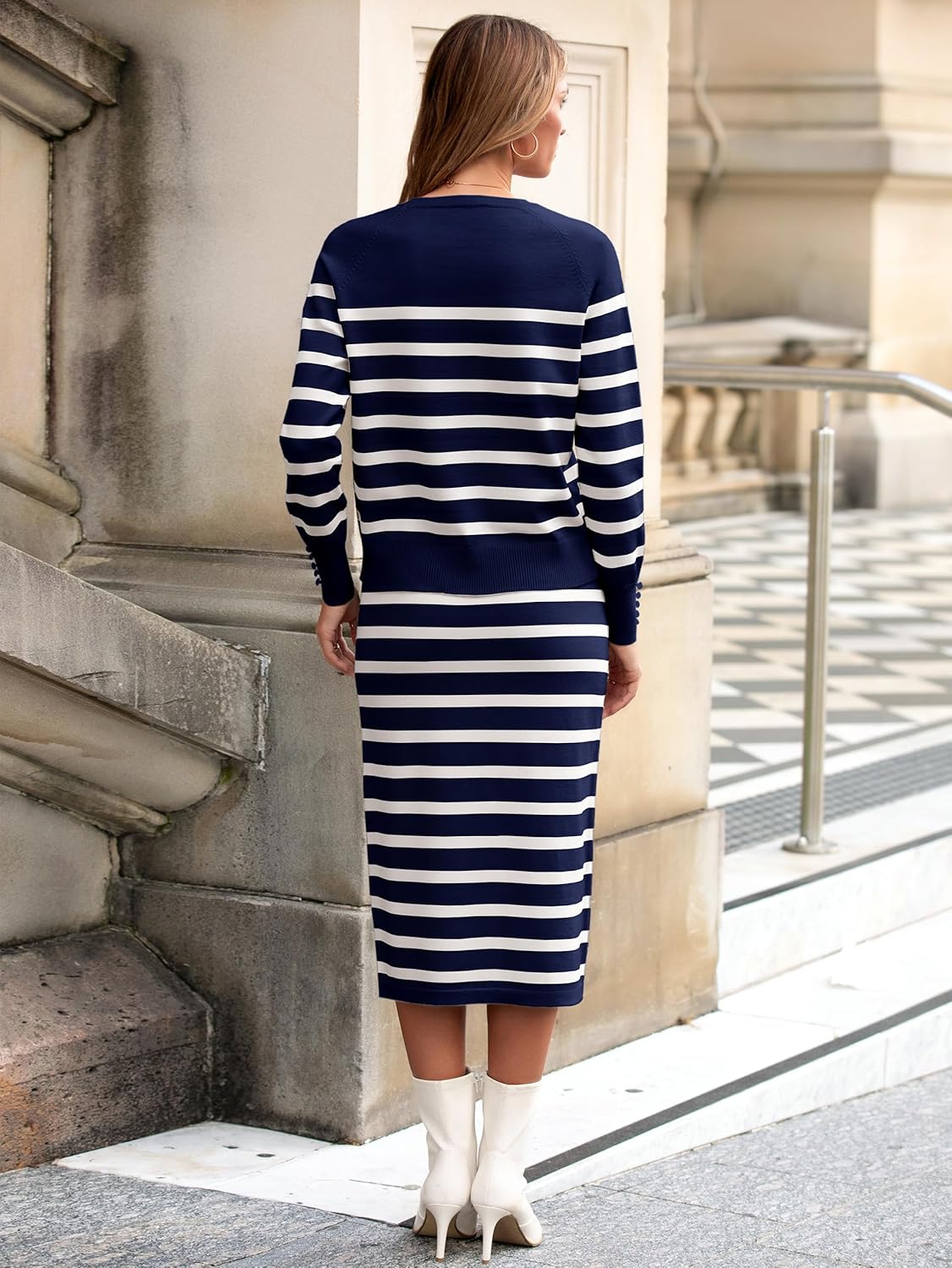 Glamaker 2 Piece Skirt Sets for Women 2026 Fall Fashion Striped Casual Sweater Dress Knit Lounge Travel Outfits Winter Cloth - Image 6