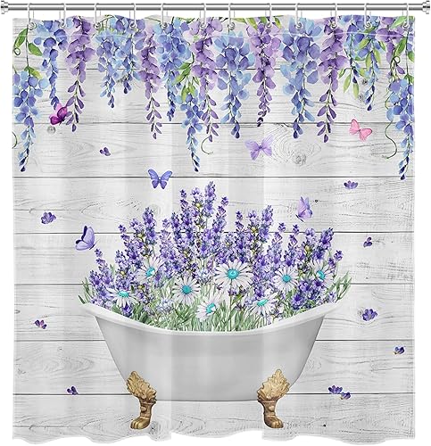 Miniatura 6 de LB Juego de cortinas de ducha de mariposa y flores con alfombras, margaritas y morado lavanda, hojas de eucalipto, cortina de ducha verde con