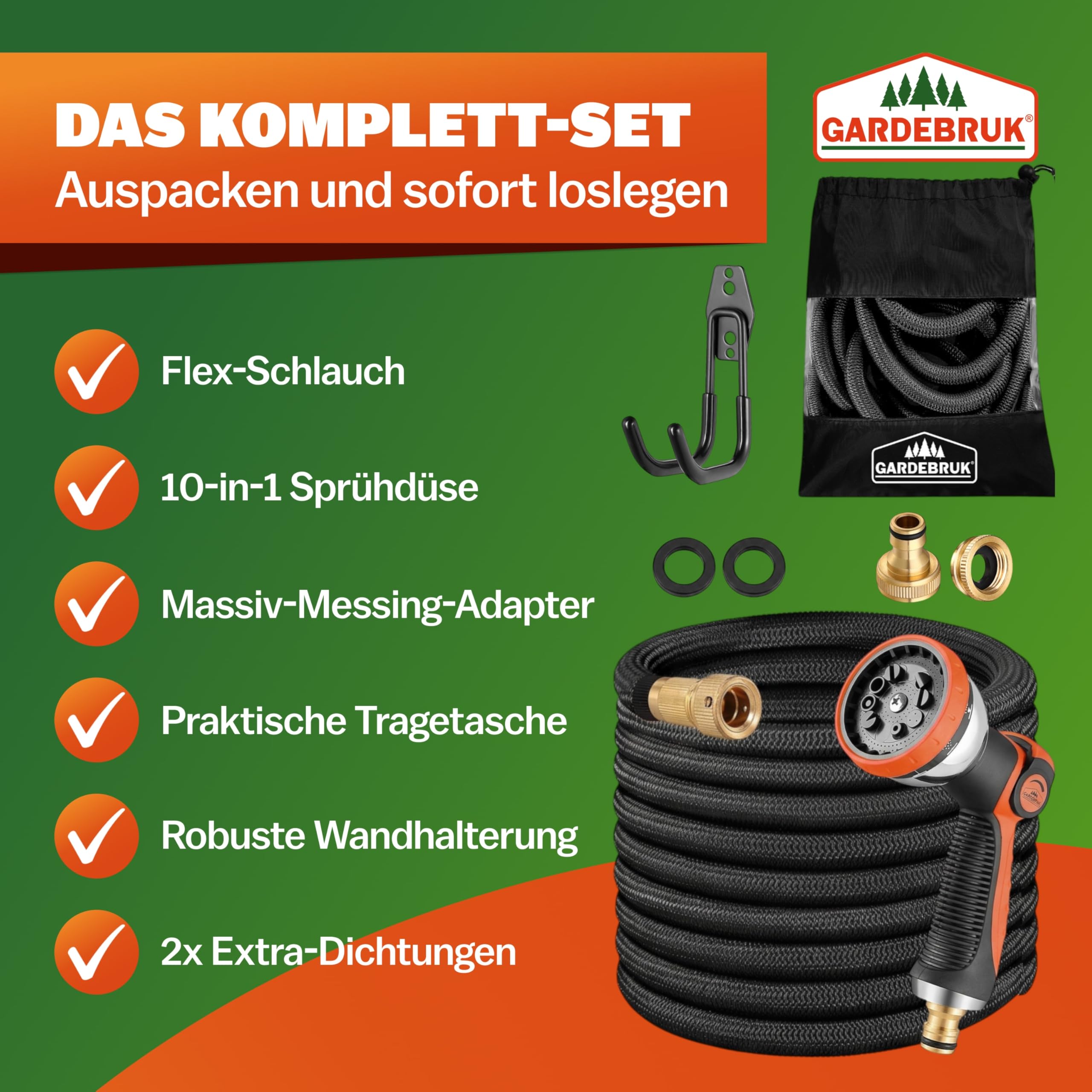 GARDEBRUK® Flexibler Gartenschlauch 22m 3fach Latexkern Vollmessing Adapter 1/2' 3/4' Zoll Wandhalterung Tasche Flexschlauch Wasserschlauch Schwarz