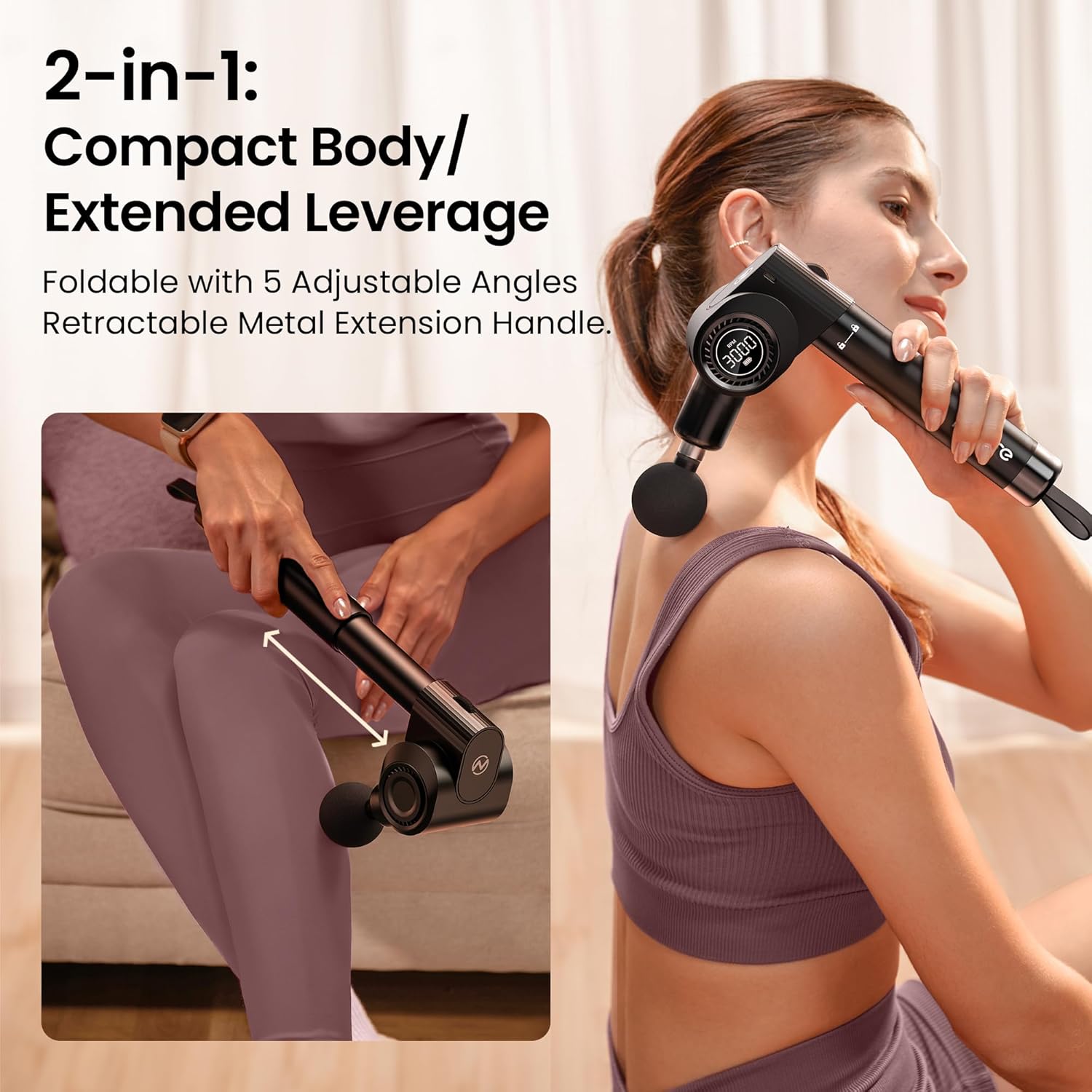 NAPRE Foldable Massage Gun with Extension Handle & 5 Adjustable Angles,Deep Tissue Back Massage for Neck/Body Pain Relief,Handheld Percussion Muscle Massager,32 Speeds,6 Heads & Silent,with Case - Image 2