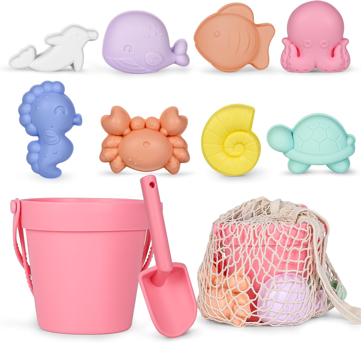 MarcZero 11 juguetes de playa de silicona para niños pequeños, juguetes de arena en forma de cubo, PeachPink | Juguetes de playa para bebés, juego de silicona suave apto para viajes con pala, 8 moldes oceánicos y bolsa de playa para playa o arenero