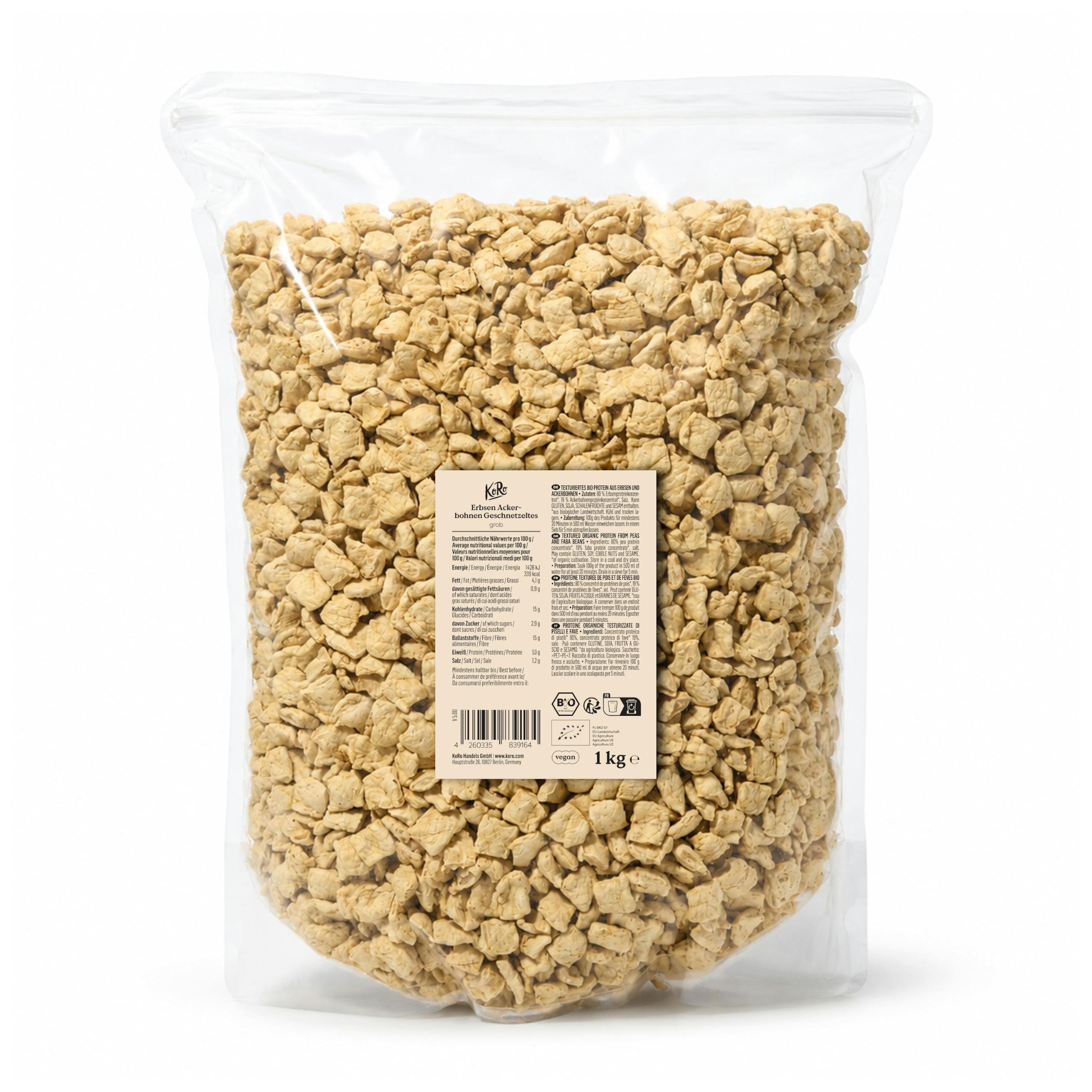 KoRo – Protéines de pois et de fèves gros morceaux 1kg – Alternative végétale sans soja – Texture fondante et riche en protéines – Idéal pour blanquettes et gyros