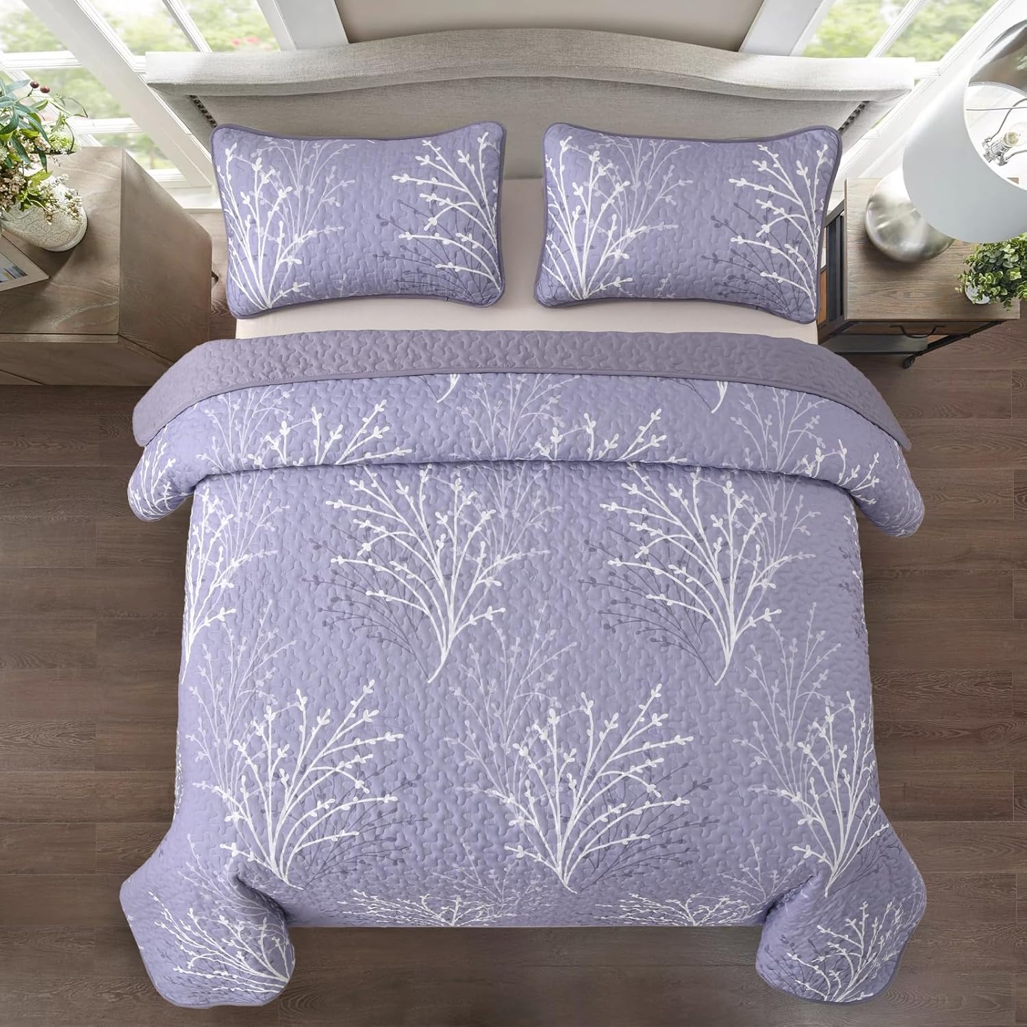 DJY Purple Quilt Set Queen Size - Branch Botanical Pattern Bedspread Coverlet Set, 3 Pieces Lavender Purple Floral Quilt Bedding Set, Soft Microfiber Summer Quilt for All Season, 96''x90'' - Image 3