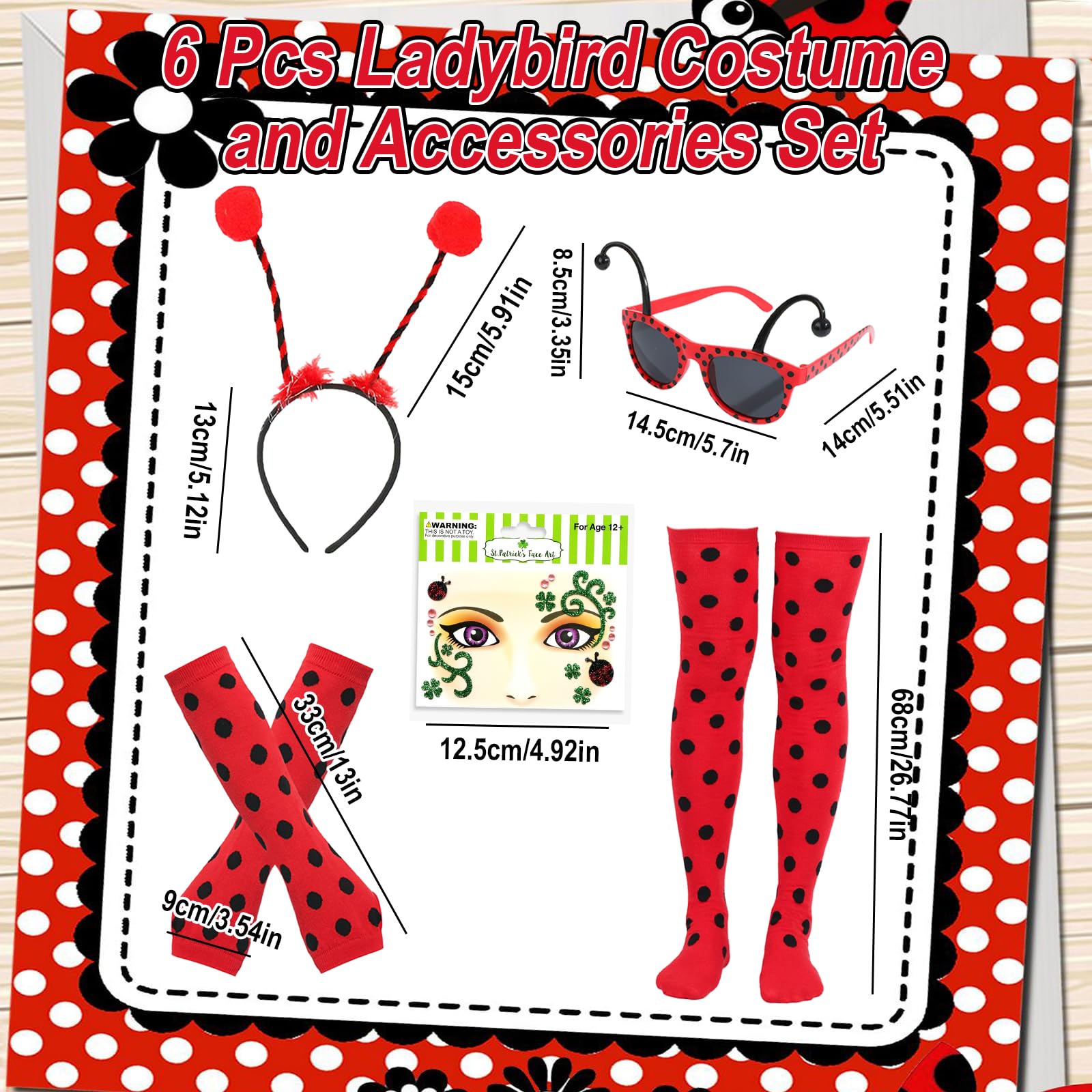 Xerteam Lady Bug Costume Girls Adult, Ladybird Costume Accessories Set, Red Tutu (40cm/15.75in) Bug Sunglasses Headband Leg Warmers Fingerless Gloves Face Stickers, Animal Fancy Dress for Age 6+ - Image 2