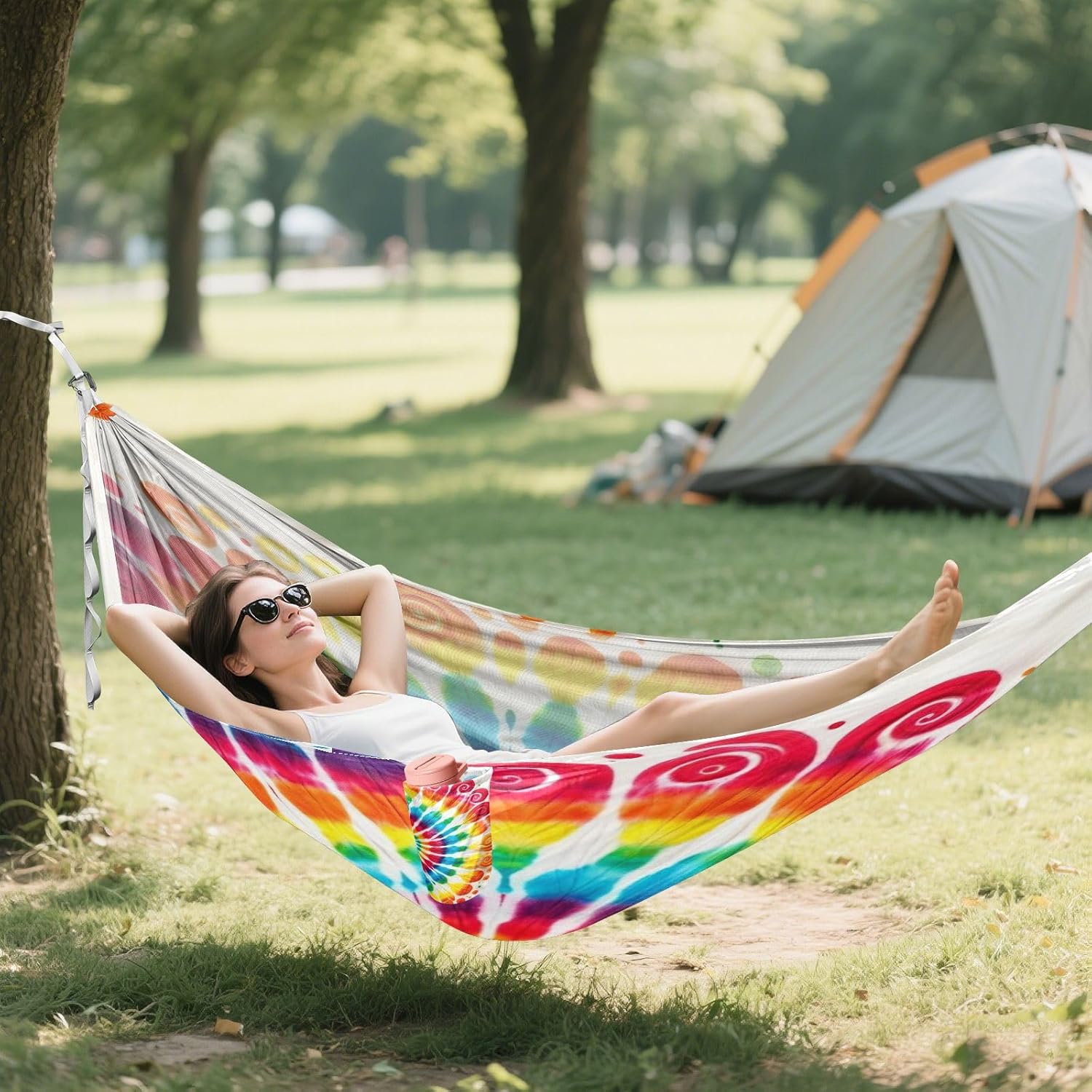 ALAZA Rainbow Swirl Tie Dye Camping Hammocks Single or 2 Person 500 lbs Portable Parachute Travel Hammock w/Tree Straps for Hiking Backpacking Indoor Outdoor