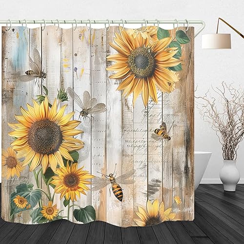 Cortina de ducha de girasol, juego de cortina de ducha rústica vintage con 12 ganchos, cortinas de ducha retro para baño, cortina de baño