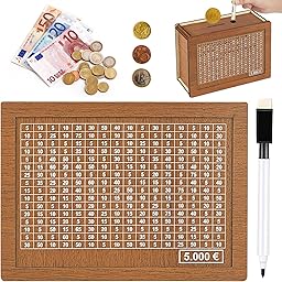 Boîte d'épargne avec Marqueur et Compteur Objectif - Tirelire à Cocher avec Chiffres pour Aider Les Enfants à Commencer à Economiser (5000€)
