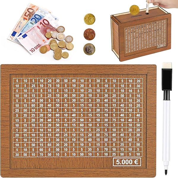 Boîte d'épargne avec Marqueur et Compteur Objectif - Tirelire à Cocher avec Chiffres pour Aider Les Enfants à Commencer à Economiser (5000€) - 1