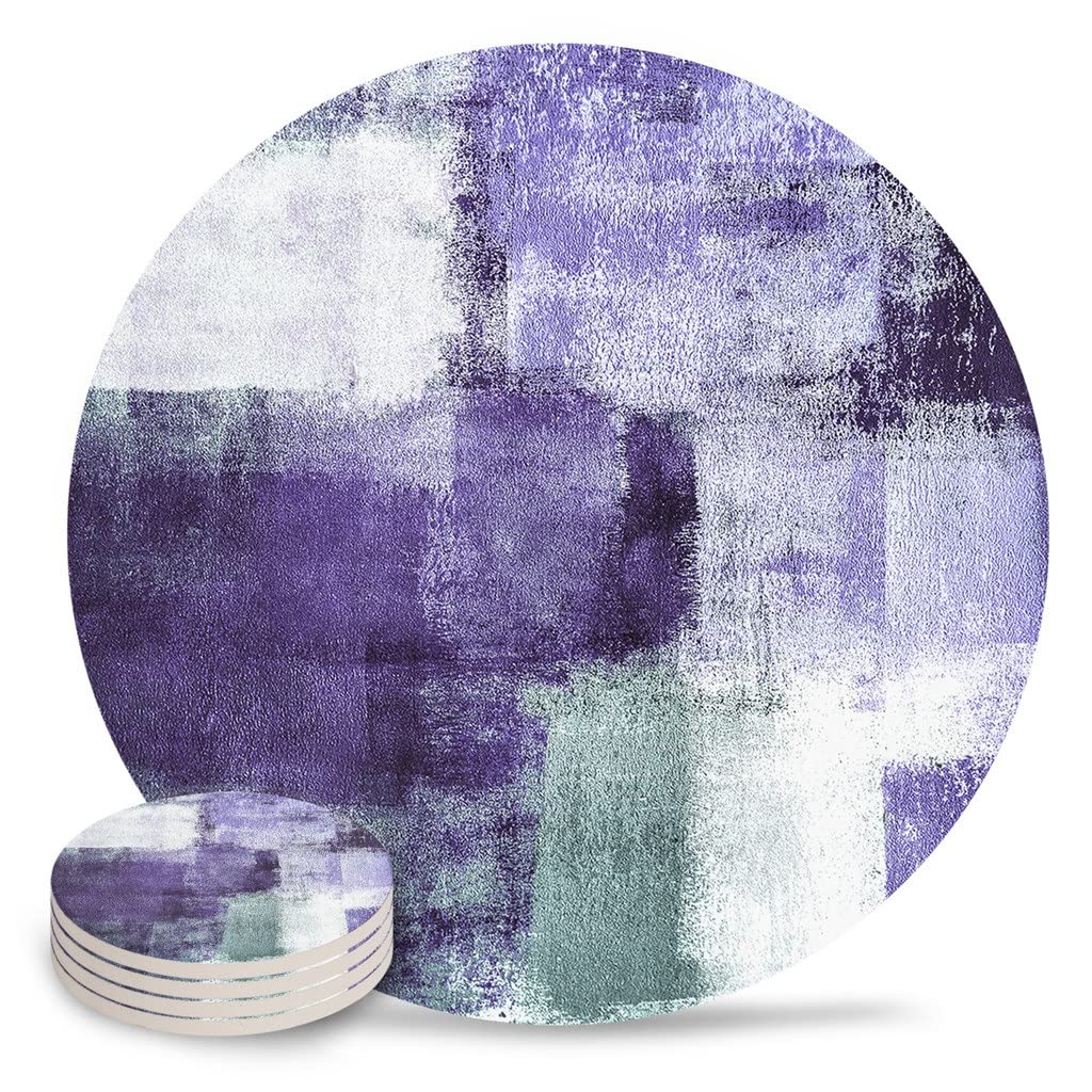 HNJCHE Oil Painting Geometric Purple Ceramic Coaster Set Kitchen Table Round Placemat Decor Coffee Tea Cup Coasters (Color : D, Size : 4pcs)