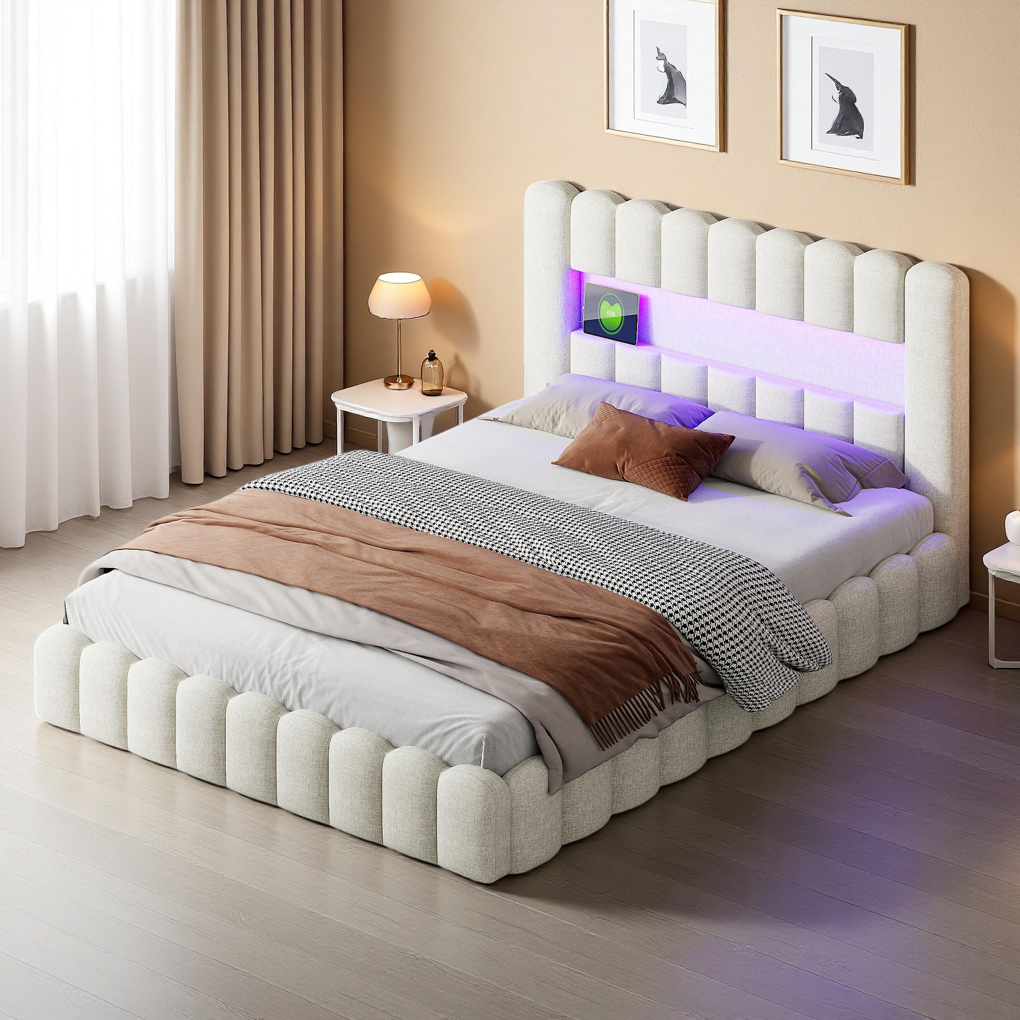 Letto imbottito 160 x 200 cm con contenitore, letto matrimoniale 160x200 baule con LED,Spazio utile,Letto Idraulico con Rete a Doghe e Telaio in Metallo, Senza Materasso (Beige, 160x200 cm)