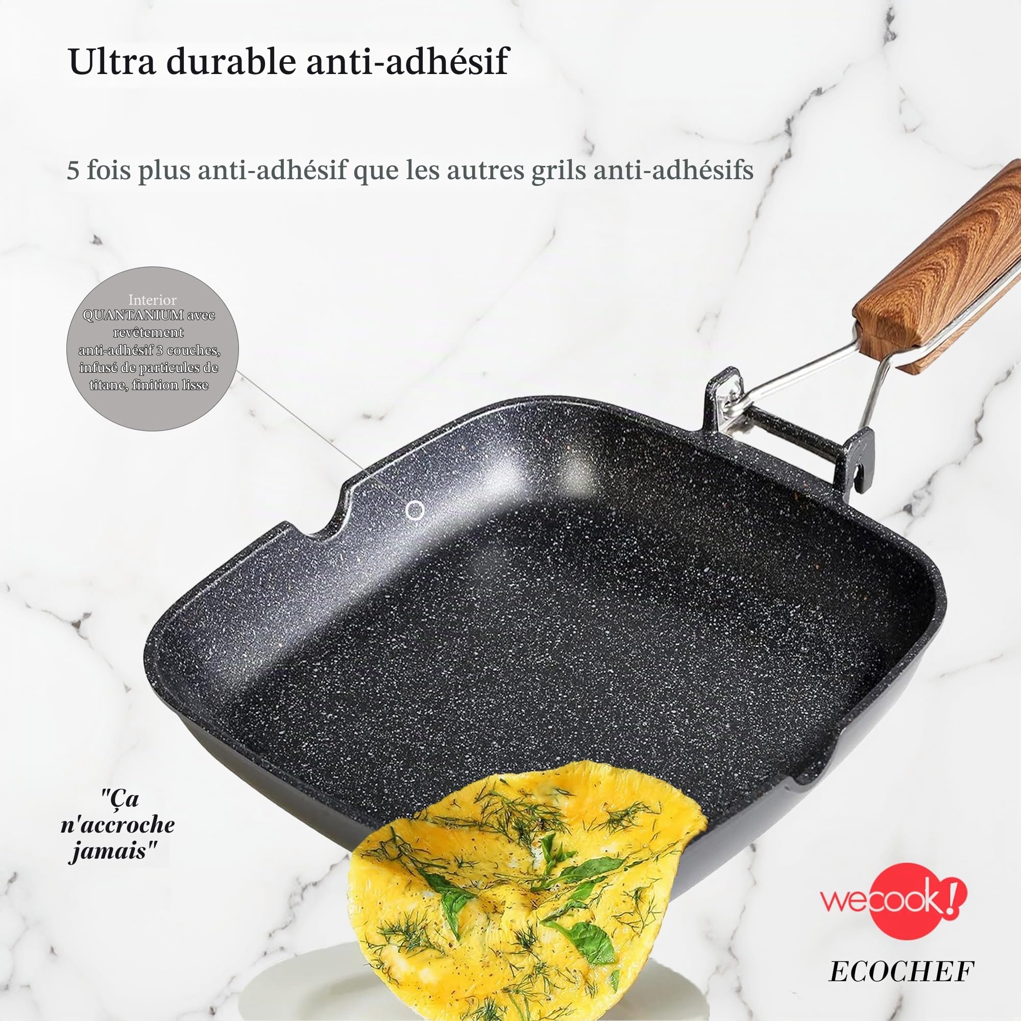 WECOOK! Ecochef Titane Poêle à Griller Induction Lisse, 28x28cm, Antiadhésive QUANTANIUM Écologique sans PFOA, Fonte d'Aluminium, Épaisseur 5 mm, Poignée en Bois Pliable, Vitrocéramique, Gaz