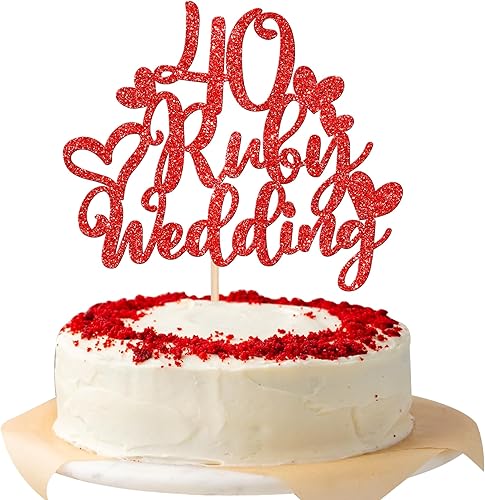 1 pieza de decoración de pastel de boda de 40 rubíes con corazón rojo con purpurina roja para 40 aniversario de boda, decoración de pastel de