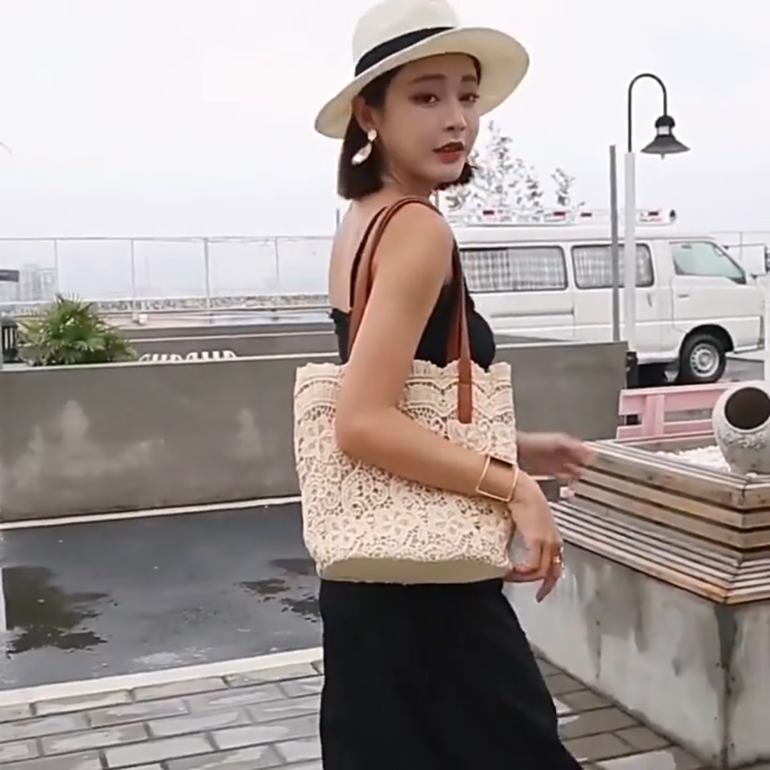 Bolso Tote con Bordado Floral de Seda y paja marrón miniatura 7
