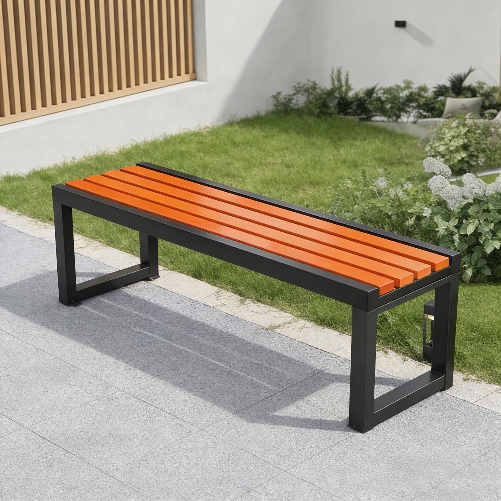 Banco de jardín de madera para exteriores, 180 cm, resistente a la intemperie, sin respaldo, para jardines, zonas de ocio y pares, nogal con metal e para un uso duradero