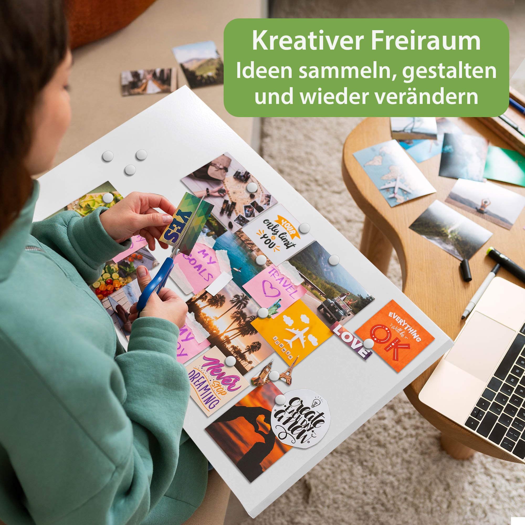 banjado Magnettafel Weiß 78x37 cm, große magnetische Wandtafel aus Metall mit Magneten, stilvolle Magnetwand zur Wandmontage, modernes Memoboard für Büro, Küche oder Kinderzimmer