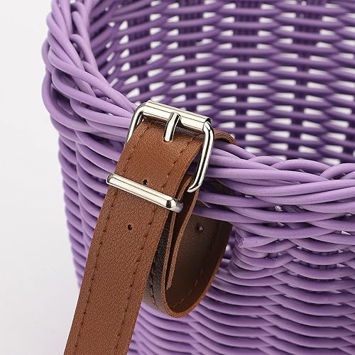 Miniatura 8 de Cesta para bicicleta, tejida a mano con correas de cuero ajustables, manillar delantero de mimbre, cesta de almacenamiento para bicicletas pequeñas