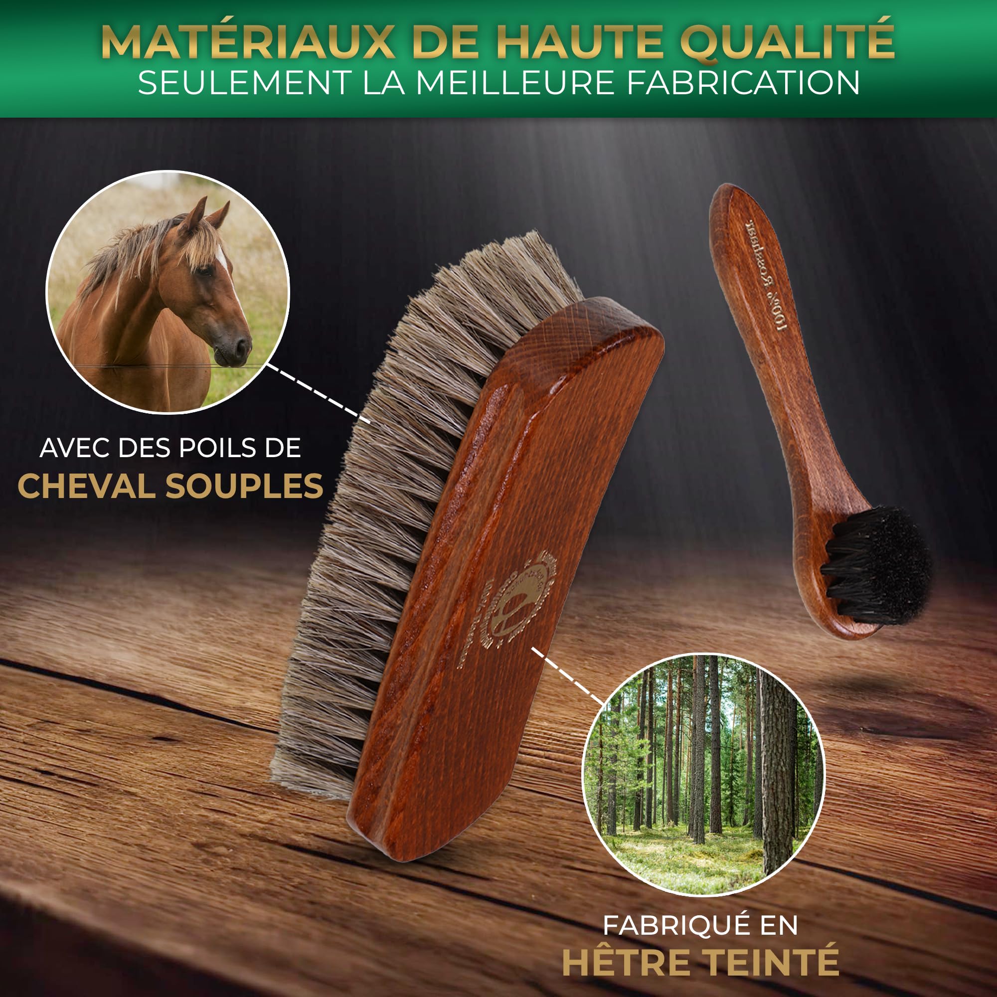 Langlauf Schuhbedarf - Brosse à chaussures en crin de cheval - Kit de 4 brosses - Bois de hêtre laqué - Marron - Pour chaussures, meubles en cuir, sacs et vêtements - Fabriqué en Allemagne