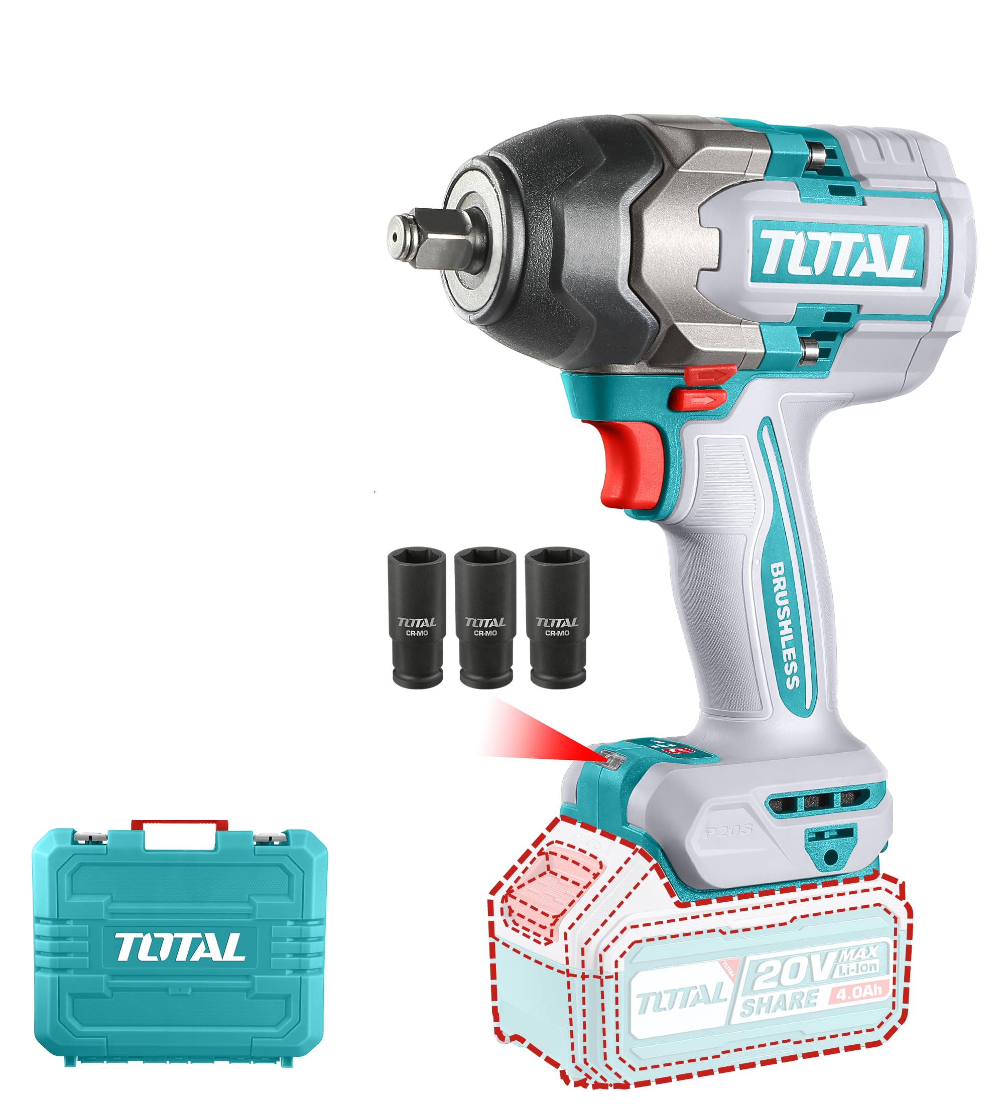 TOTAL 20V Cordless Brushless Impact Wrench TIWLI2085 in use, tightening a car wheel lug nut.