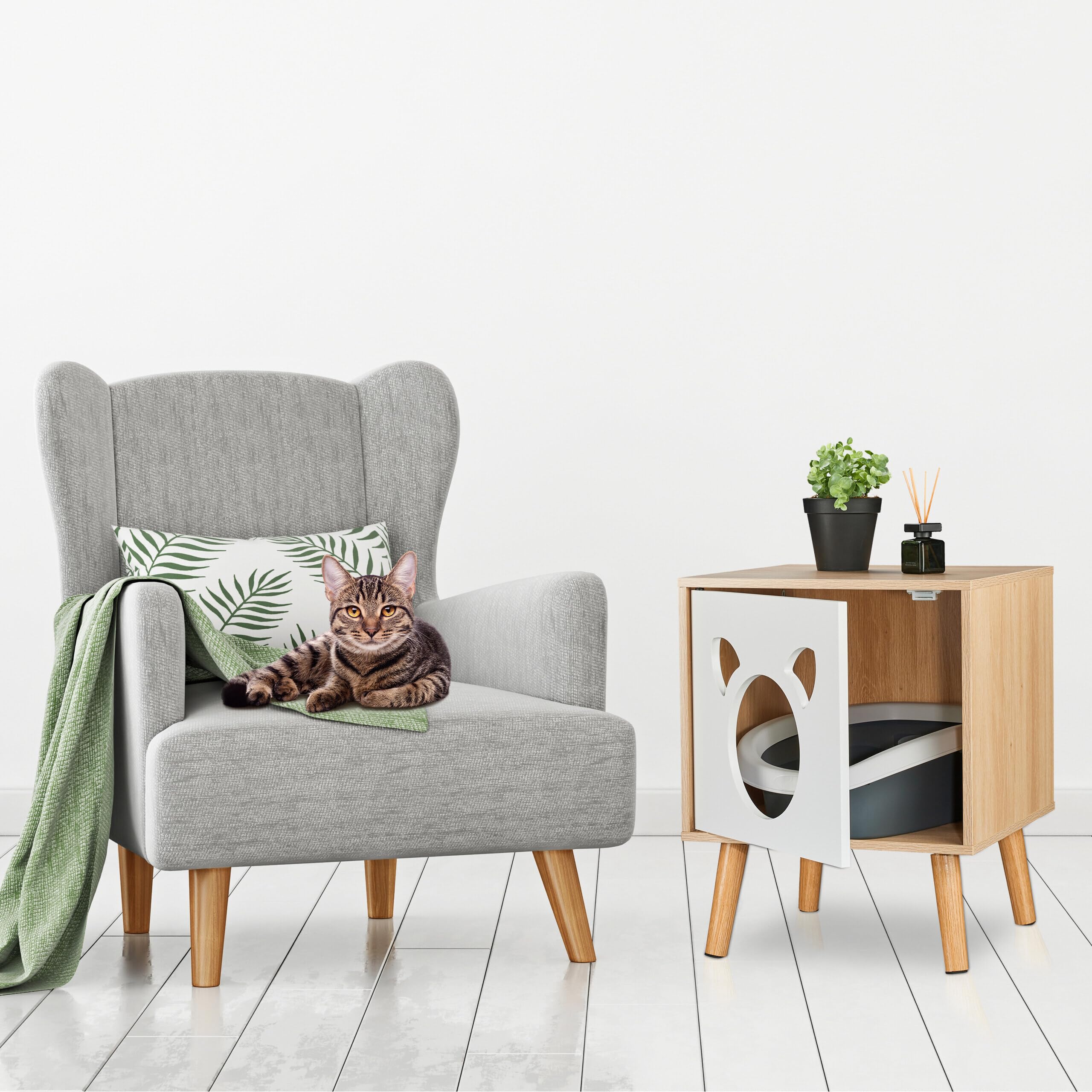 Relaxdays Armario para Gatos con Puerta, 50 x 40 x 40 cm, Escondite para Arenero, Camita, Interior, Natural y Blanco
