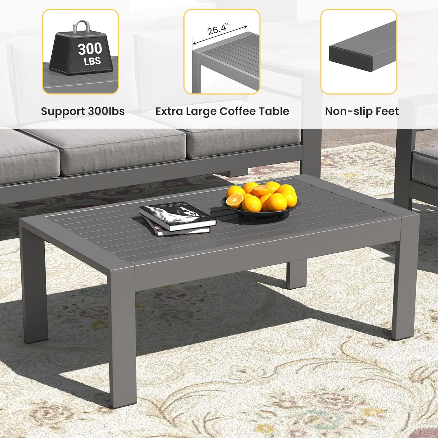 Wisteria Lane Outdoor Furniture Patio Coffee Table, Rectangle Outdoor Coffee Table, All-Weather Patio Metal Coffee Table for Balcony, Garden, Deck, Backyard, Grey