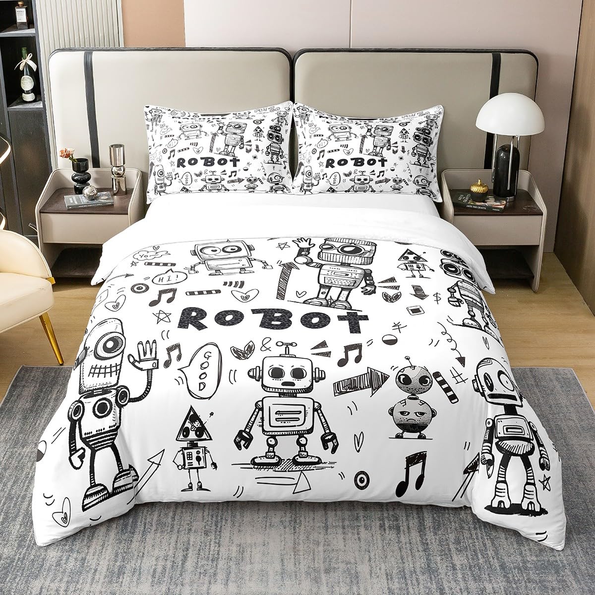 Robot Pure Cotton Duvet Cover King Size,Cartoon Robot Graffiti Soft Bedding Set,Kids Boys Intelligence Machine Comforter Cover Bedding 3 Pieces (No Comforter),Cartoon Quilt Cover,2 Pillowcases
