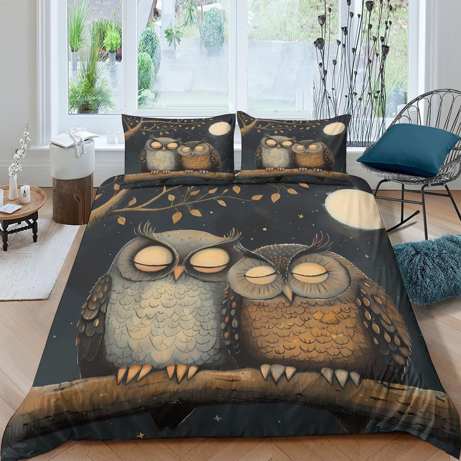 Ctjqhvkz Style-9 3D Printed Night Owl Fitted Sheet Microfiber Soft Anti-Slip Moon Forest Mattress Cover Bedroom Decor Single（135X200cm）